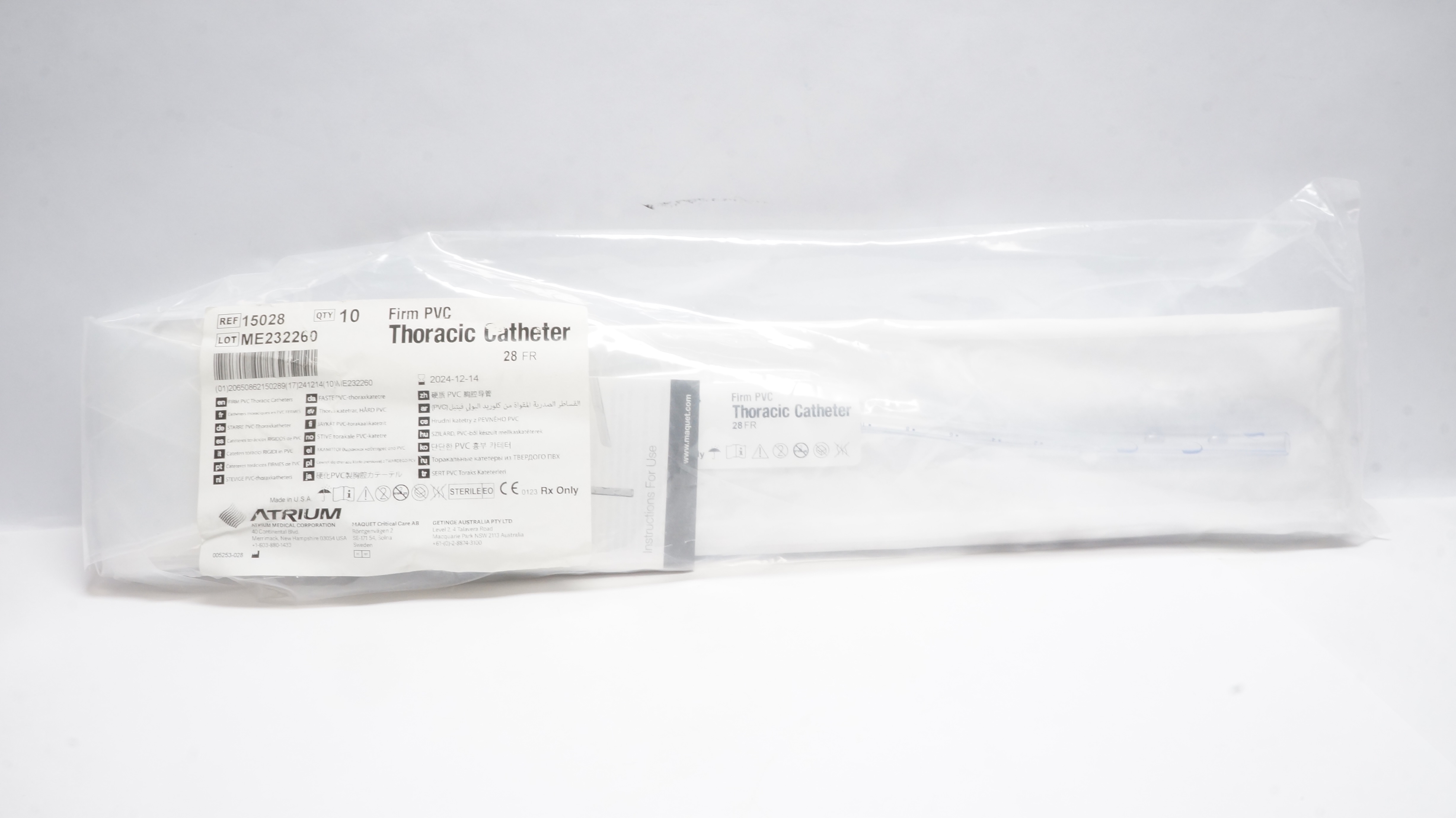 Atrium 15028 Firm PVC Thoracic Cath. 28Fr. (x) - Pack of 10