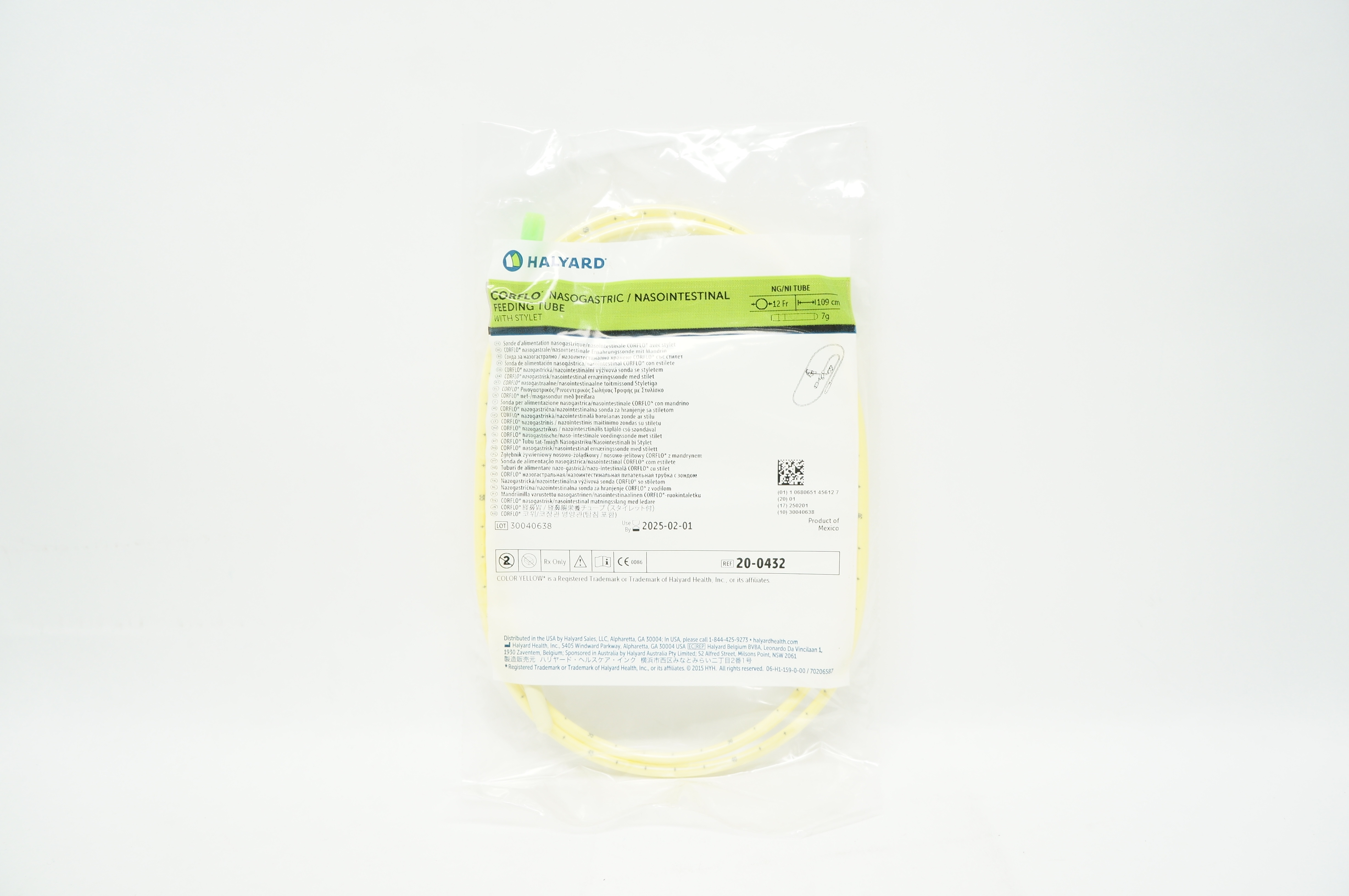 Halyard 20-0432 Corflo Nasogastric/Nasointestinal Feeding Tube 12Fr x 109cm