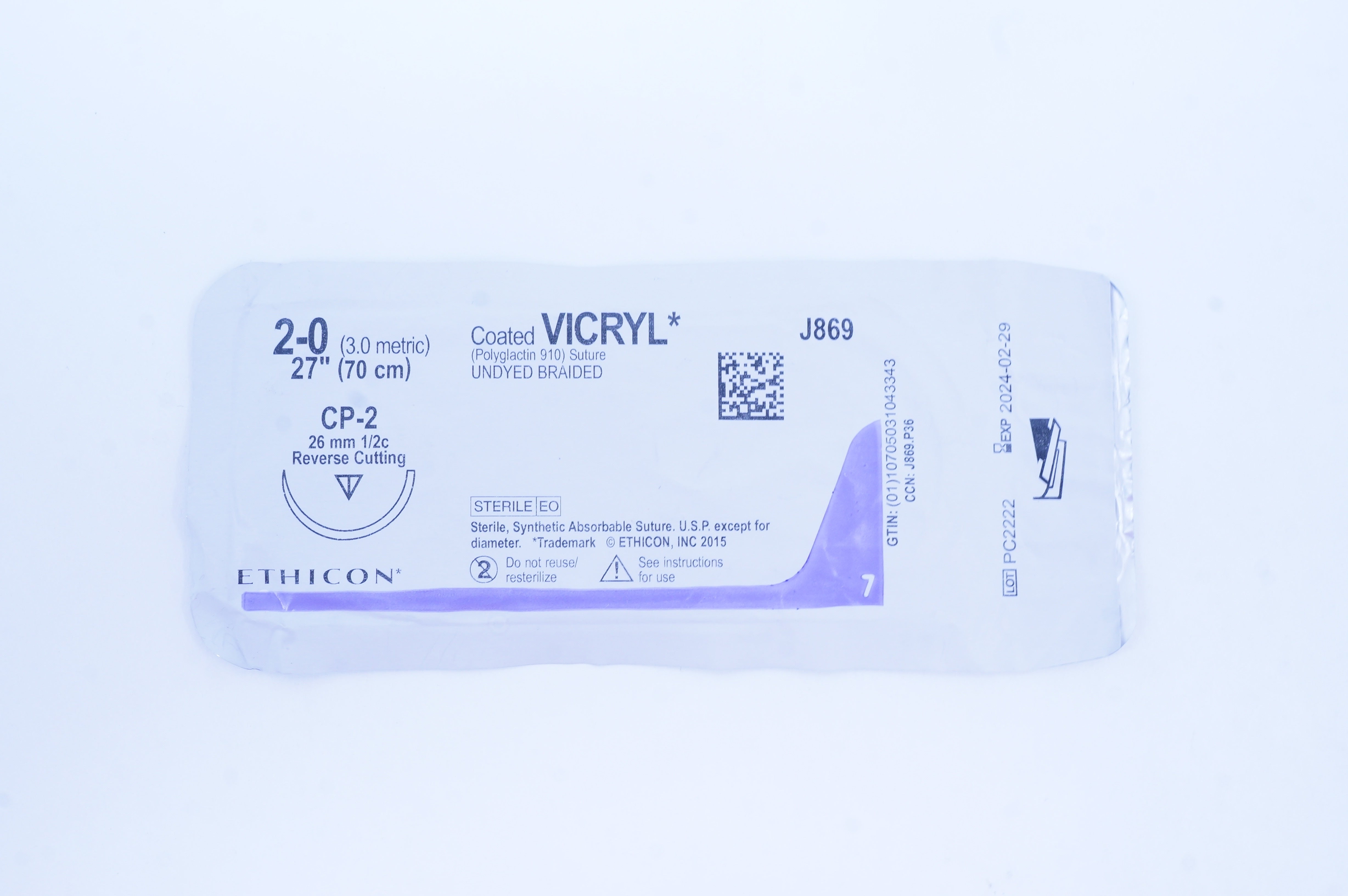 Ethicon J869 2-0 Coated VICRYL Stre CP-2 26mm 1/2c Reverse Cutting, 27 inch