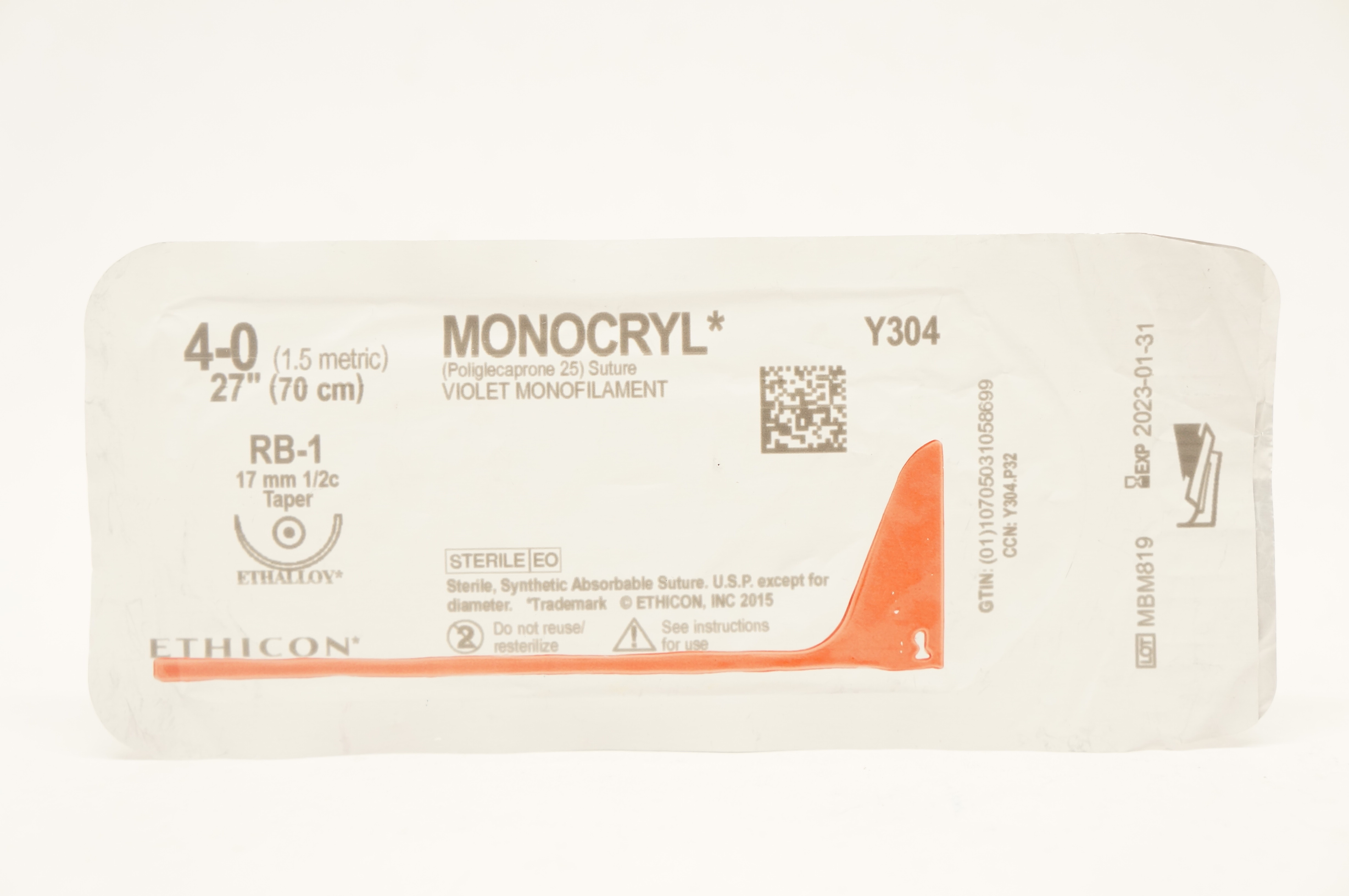 Ethicon Y304 4-0 Monocryl Poliglecaprone 25 Stre RB-1 17mm 1/2c Taper, 27inch