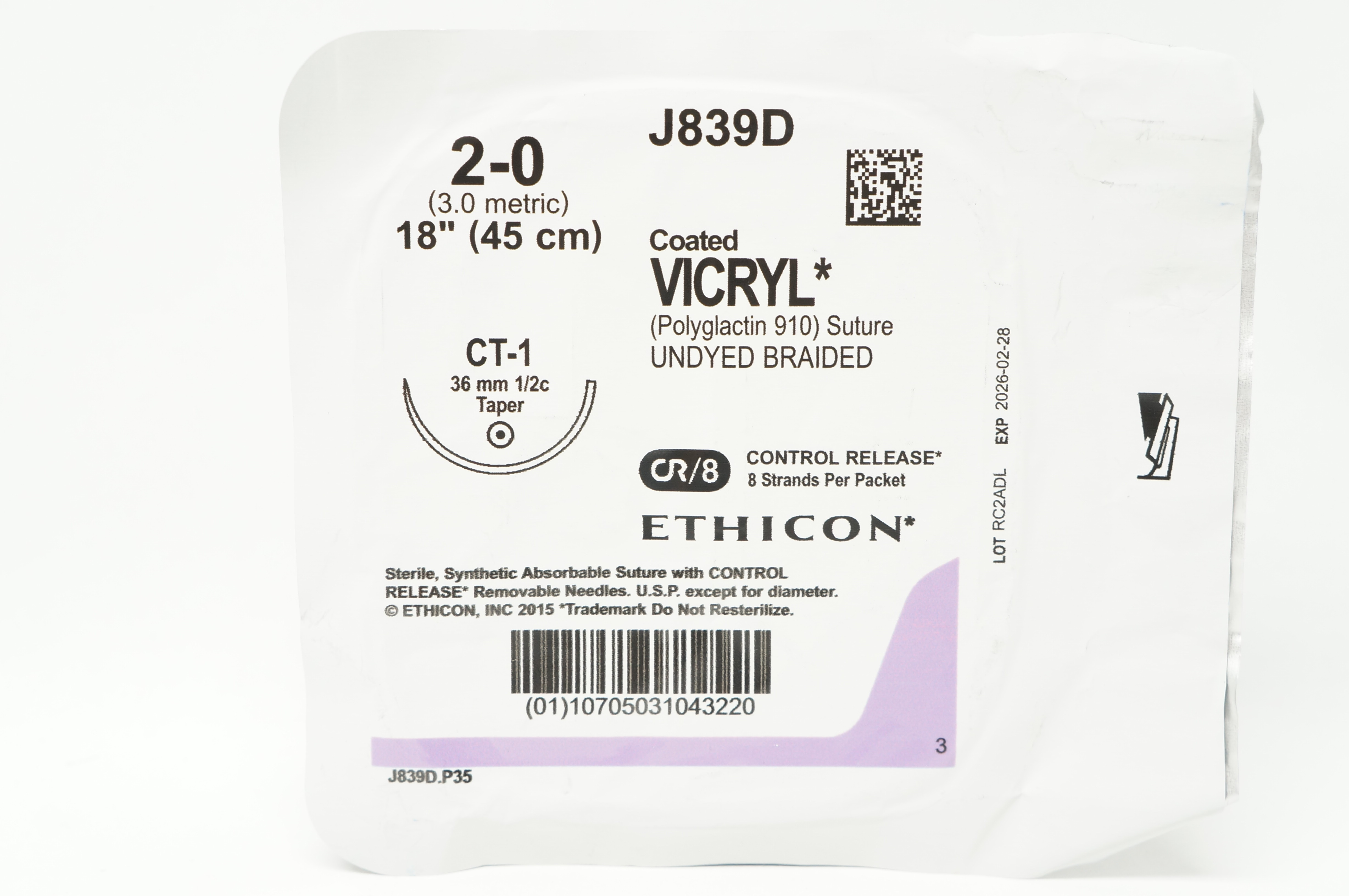 Ethicon J839D 2-0 Coated VICRYL Stre CT-1 36mm 1/2c Taper, 18 inch