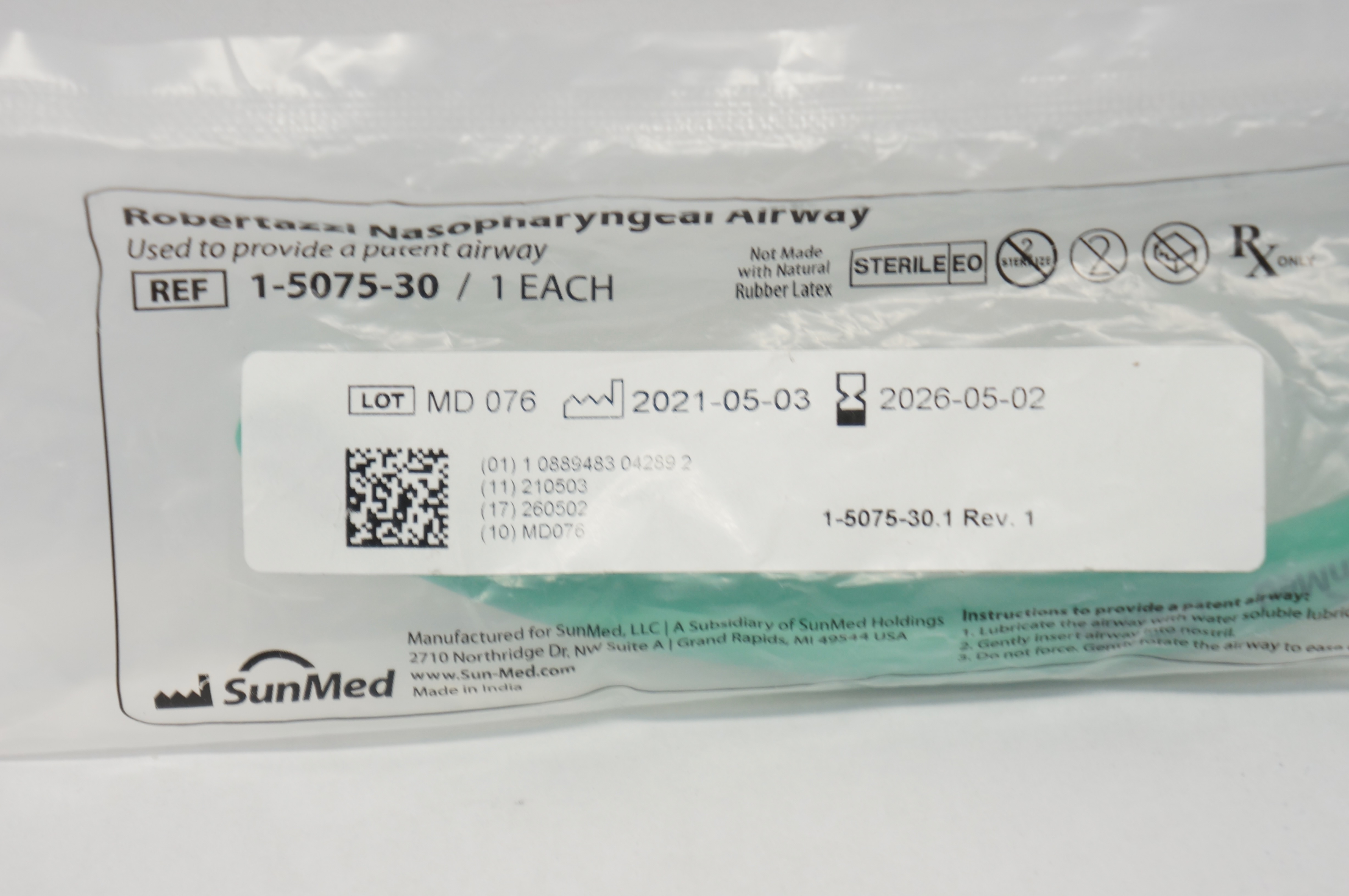 SunMed 1-5075-30 Robertazzi Nasopharyngeal Airway 30Fr x 7.5ID x 10.0OD x 135mm