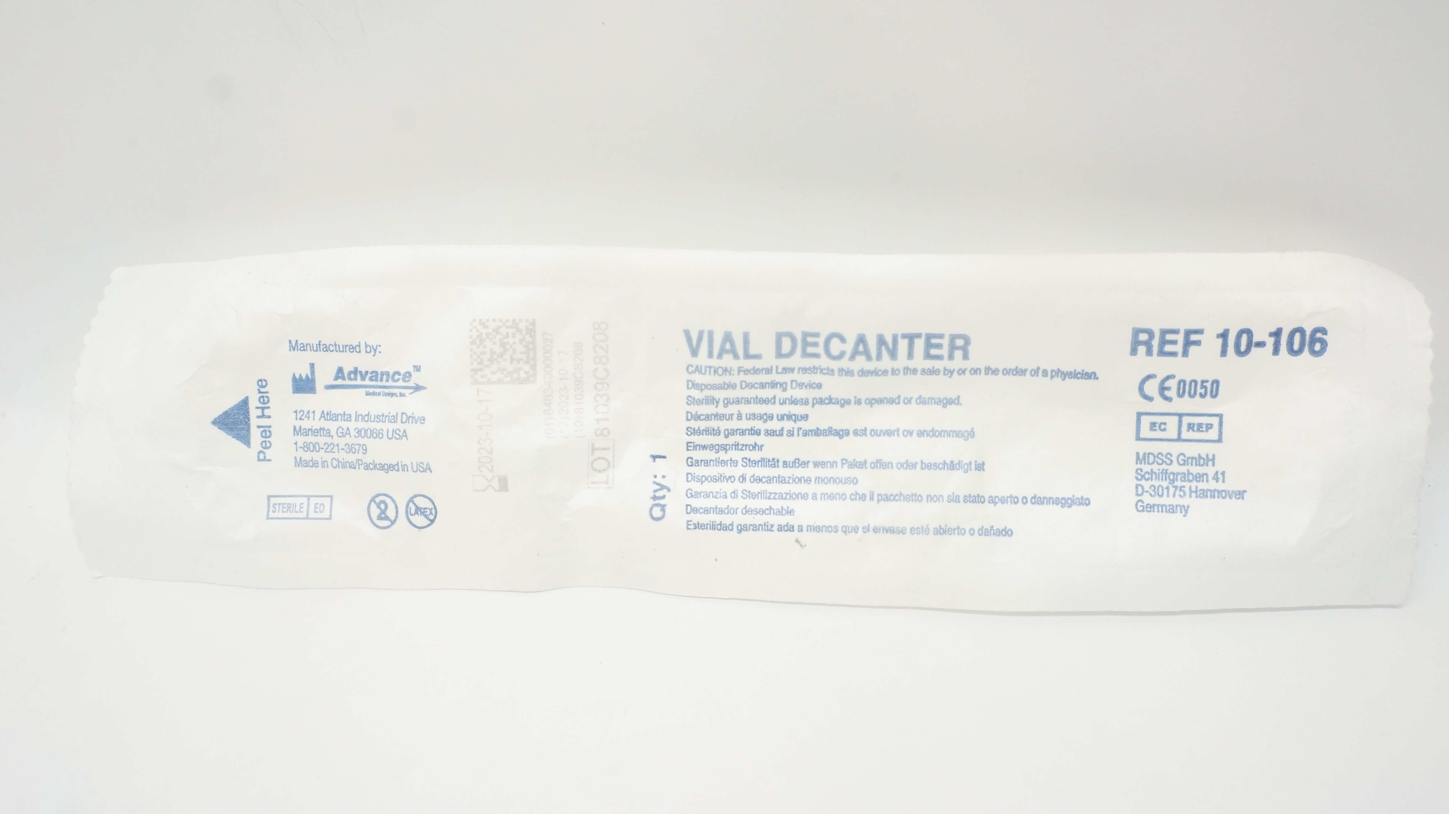 Advance 10-106 Vial Decanter Sterile, Disposable