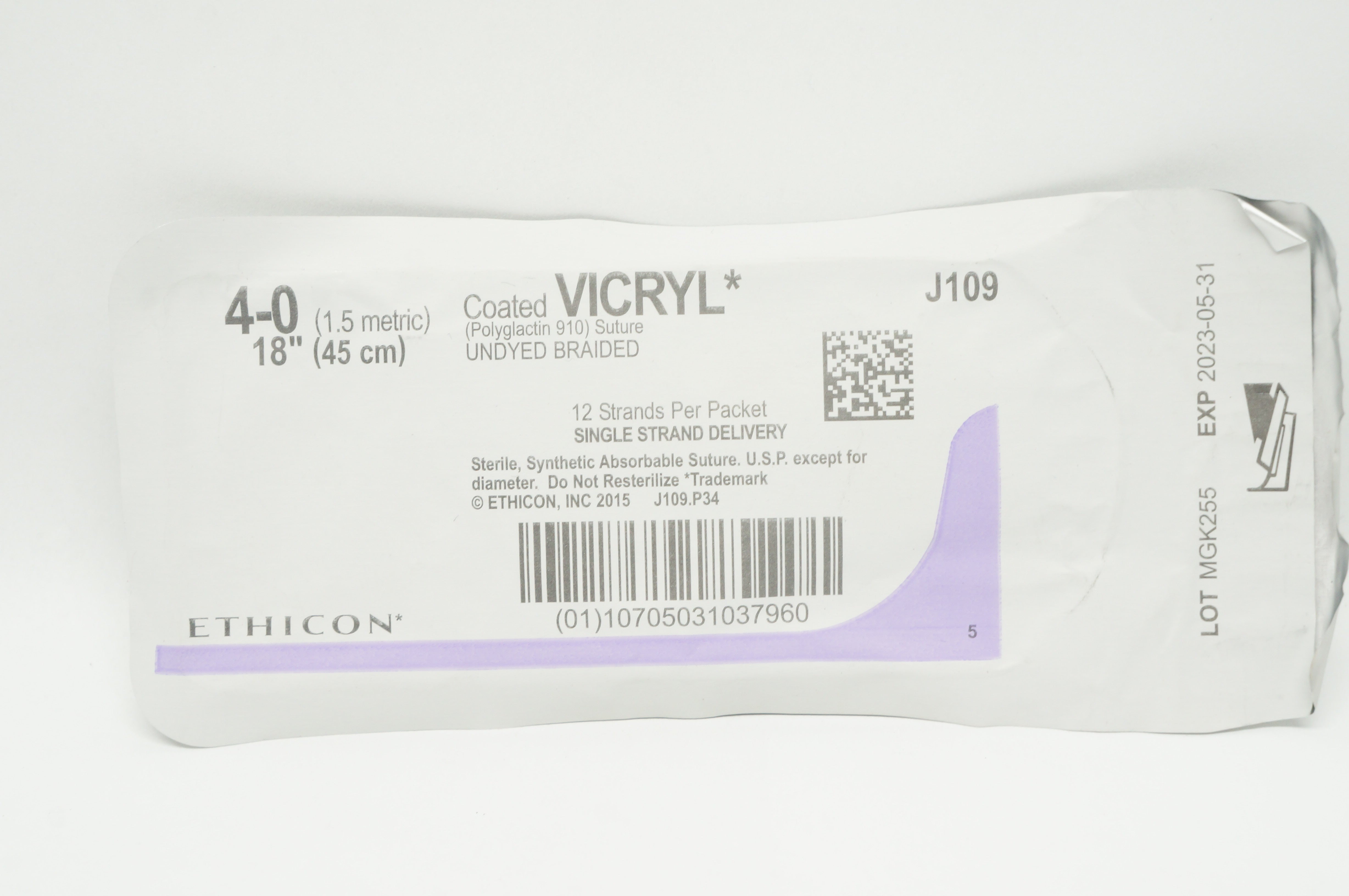 Ethicon J109 4-0 Coated Polyglactin 910 VICRYL Undyed Braided, 18inch