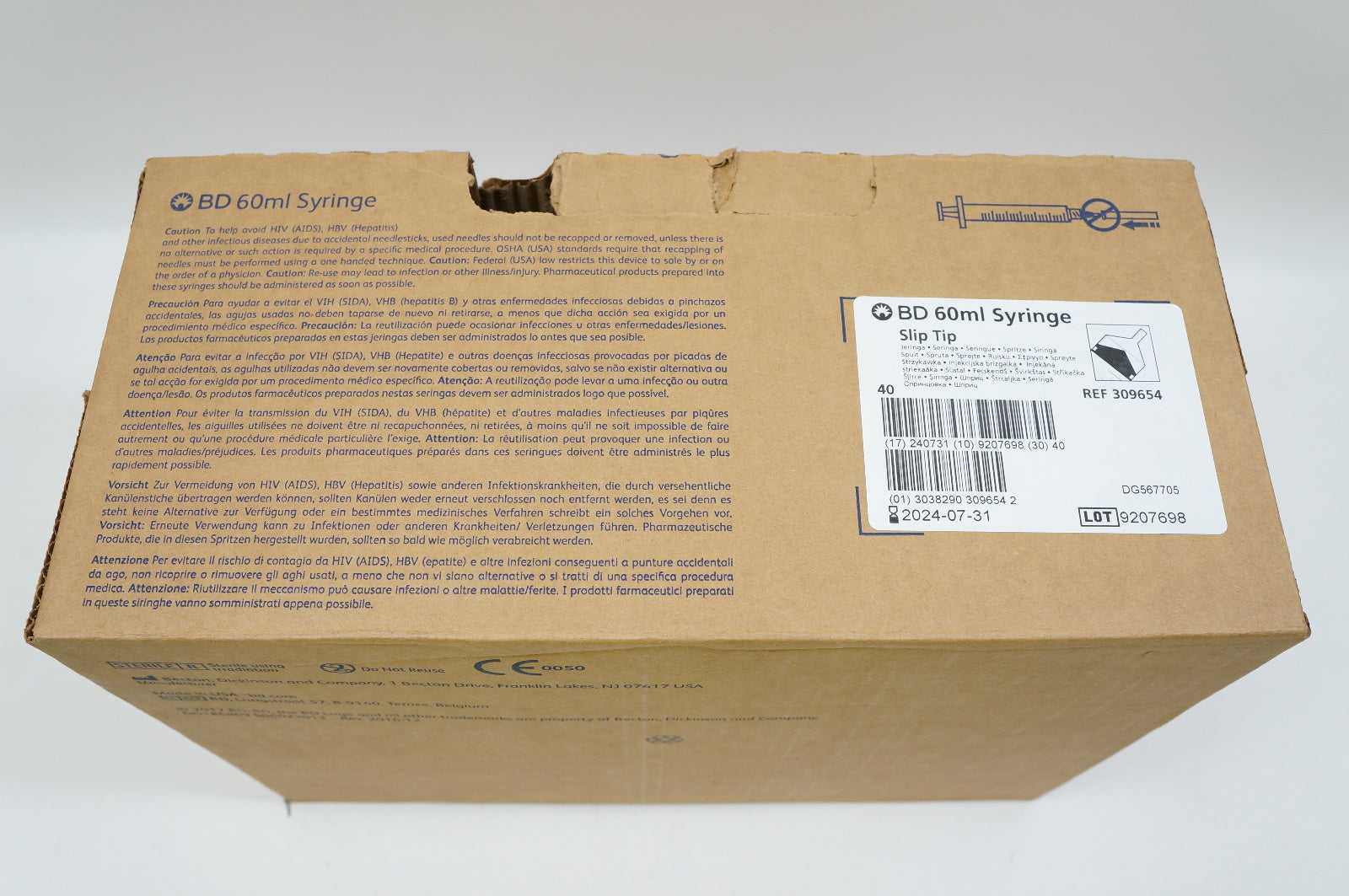 BD 309654 Slip Tip Syringe 60ml - Box of 40