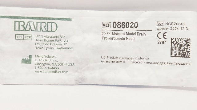 Bard 086020 Urethral Cath. 20Fr Malecot Model Drain Proportionate Head