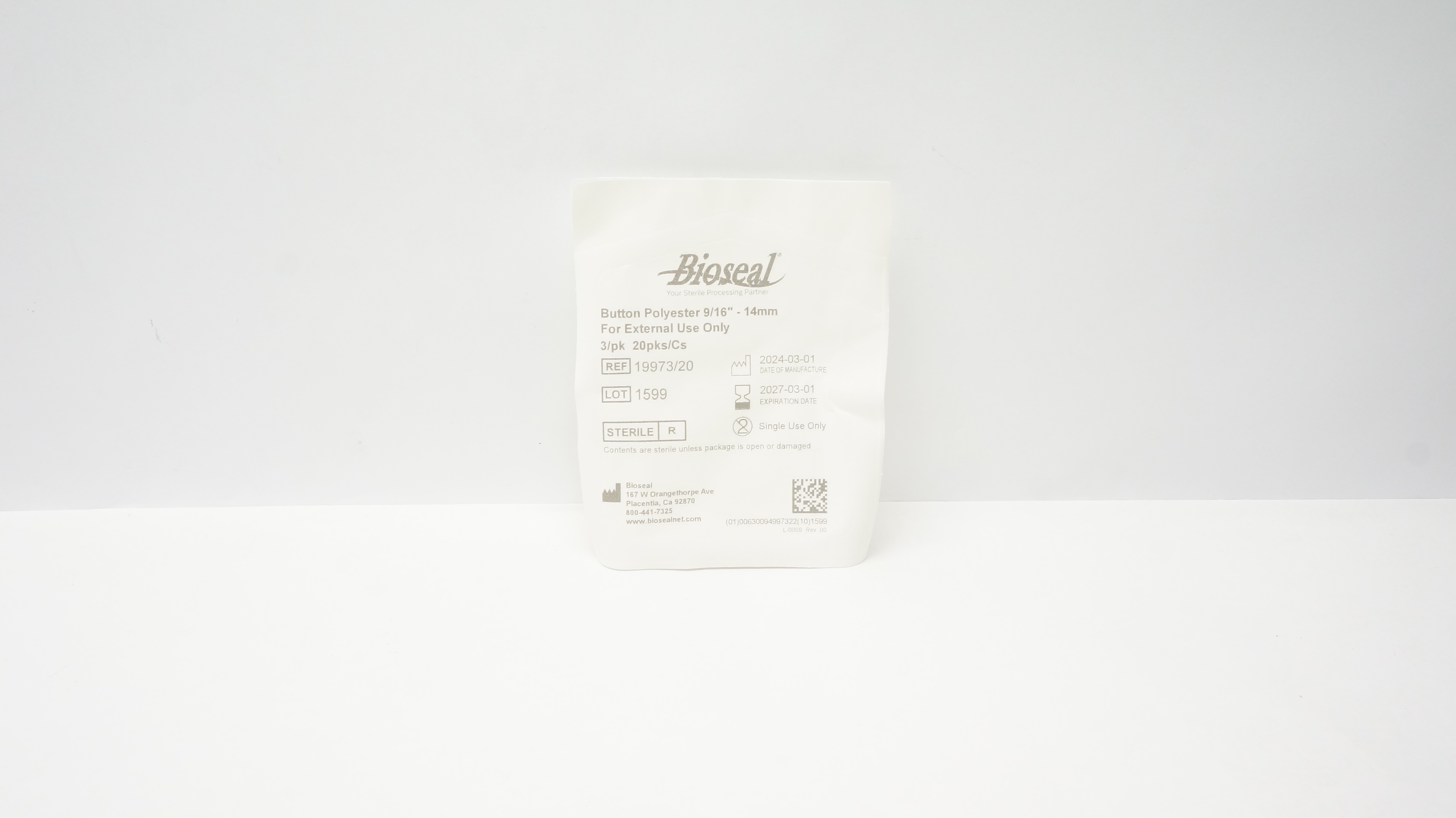 Bioseal 19973/20 Button Polyester 9/16inch - 14mm - Pack of 3