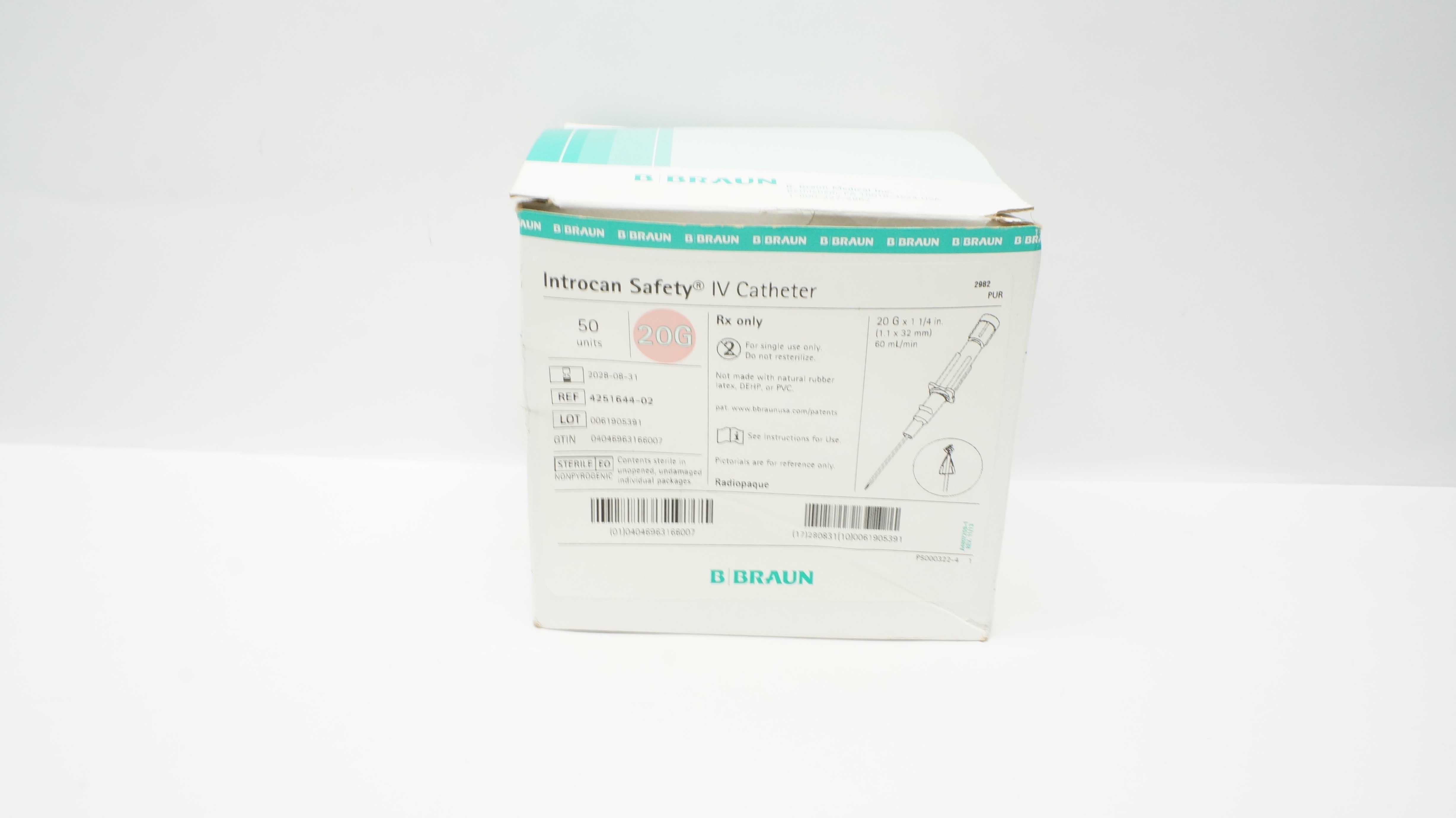 Braun 4251644-02 Introcan Safety IV Cath. 20G x 1-1/4inch 60mL/min - Box of 9