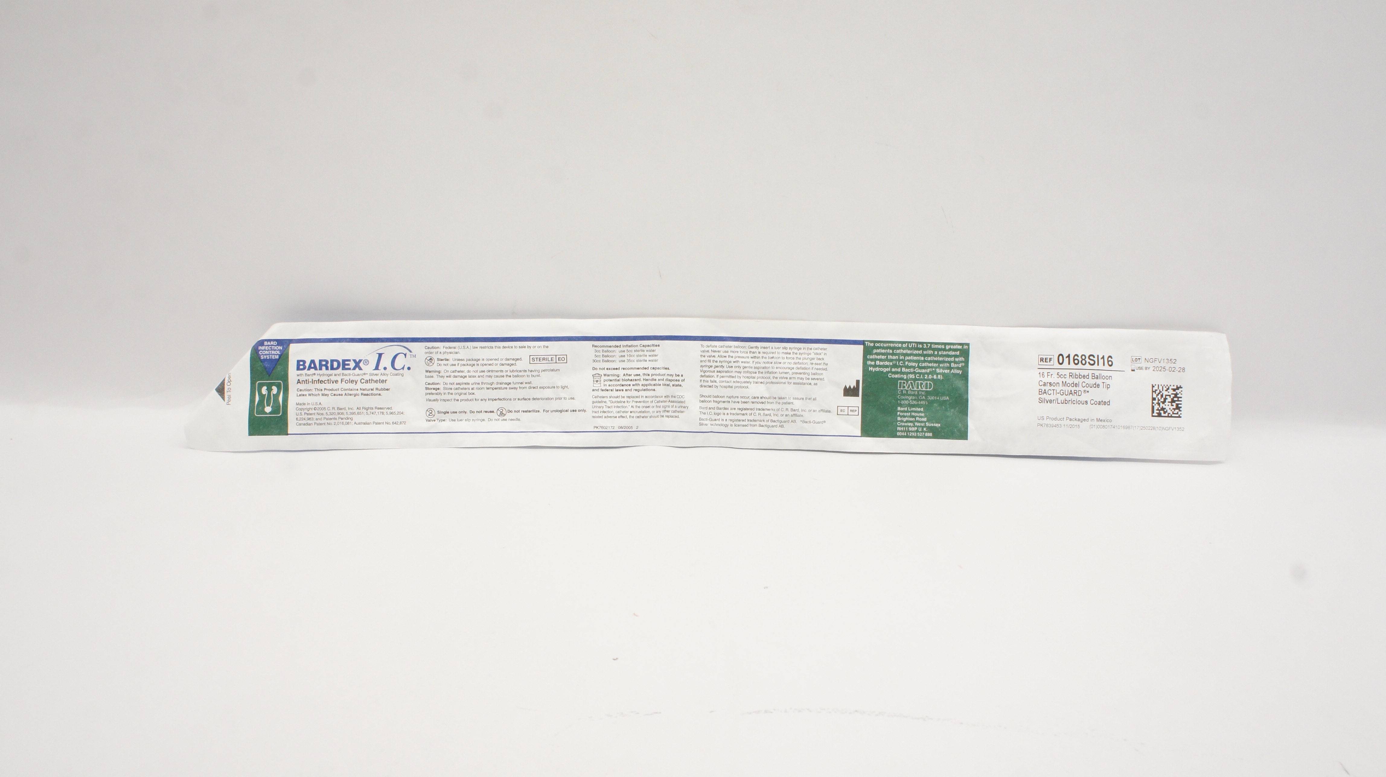 Bard 0168SI16 Bardex I.C. Anti-Infective Foley Cath. 16Fr, 5cc Ribbed Balloon