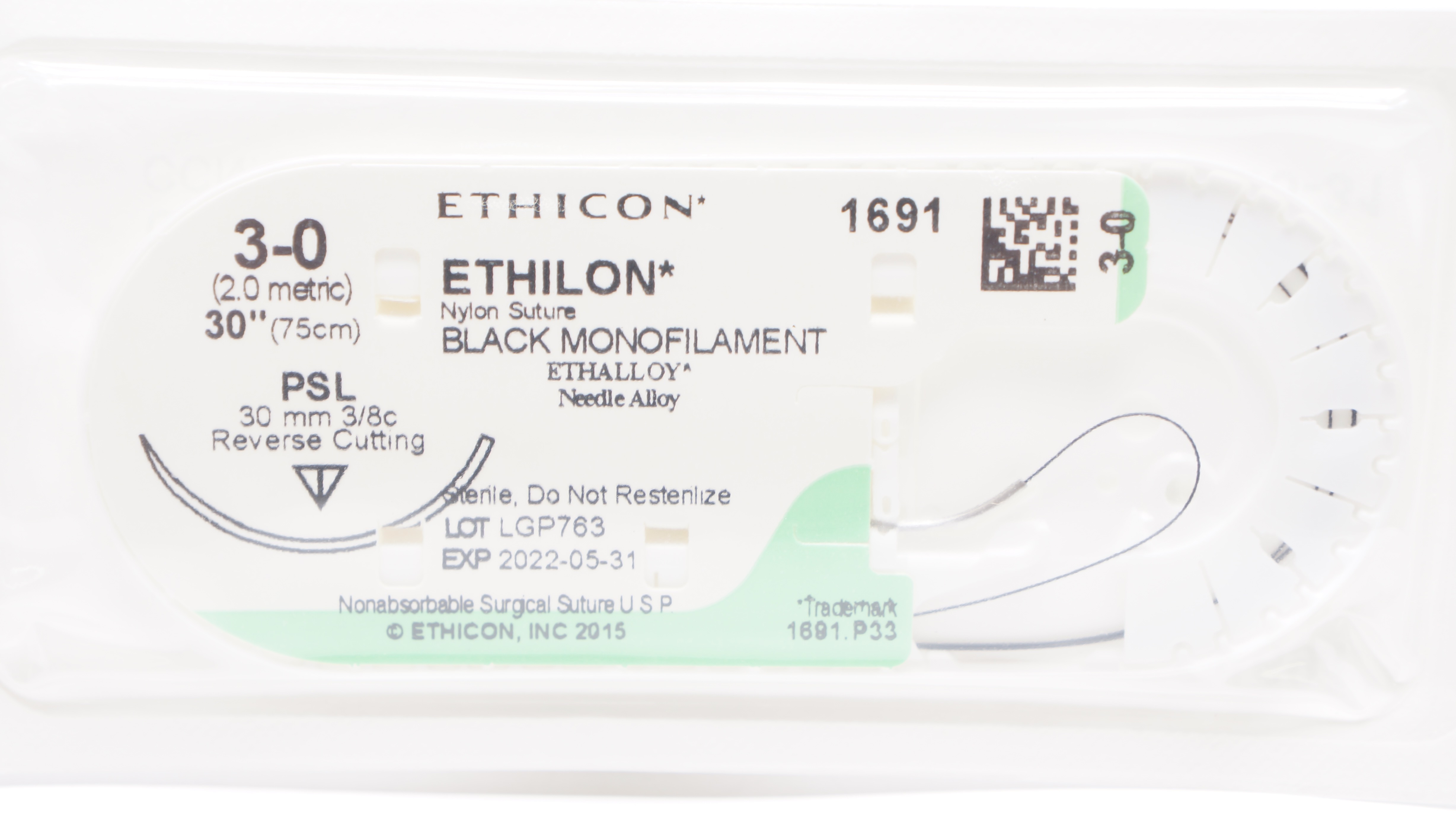 Ethicon 1691 3-0 ETHILON Nylon Stre PSL 30mm 3/8c Reverse Cutting, 30inch (x)