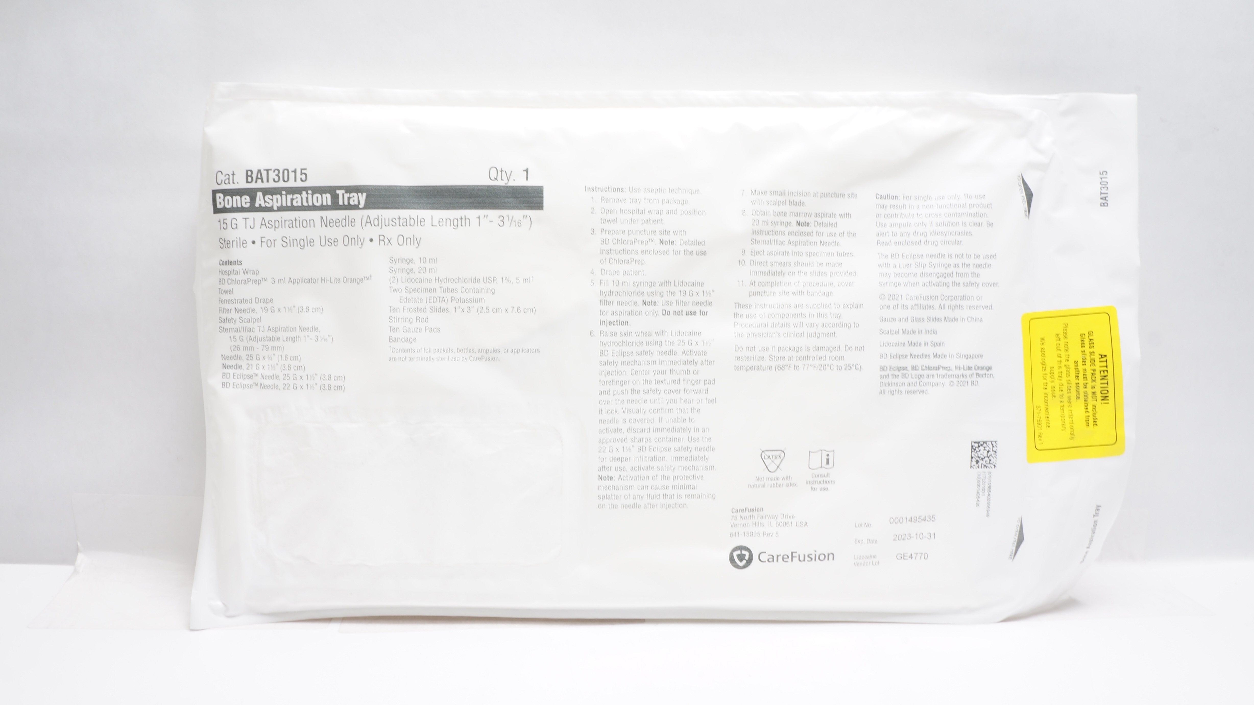 CareFusion BAT3015 Bone Aspiration Tray 15G Aspiration Ndle (x)