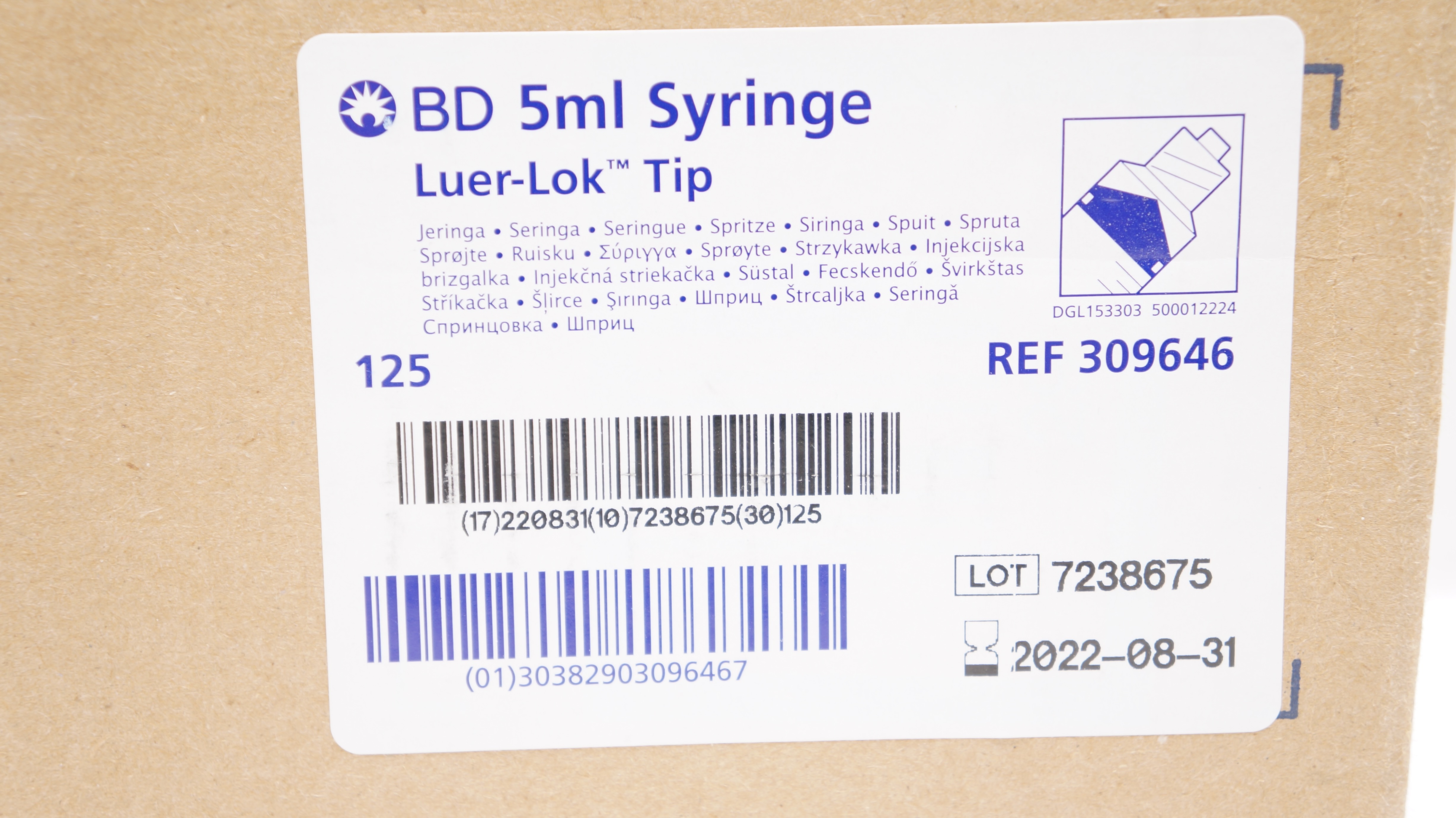 BD 309646 Luer-LoK Tip 5ml Syringe (x) - Box of 125