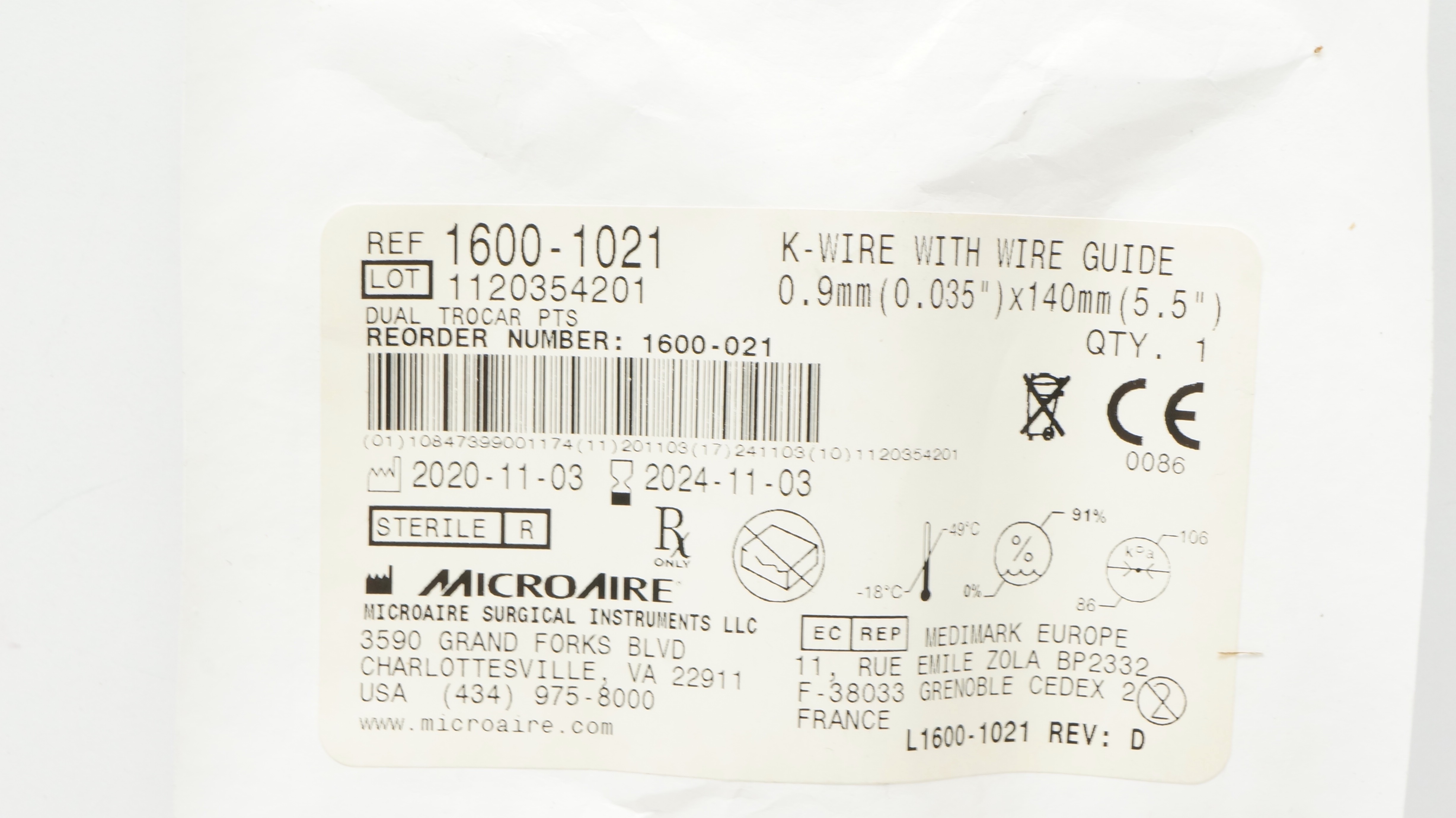 Microaire 1600-1021 K-Wire With Wire Guide, 0.035inch x 5.5inch (x)