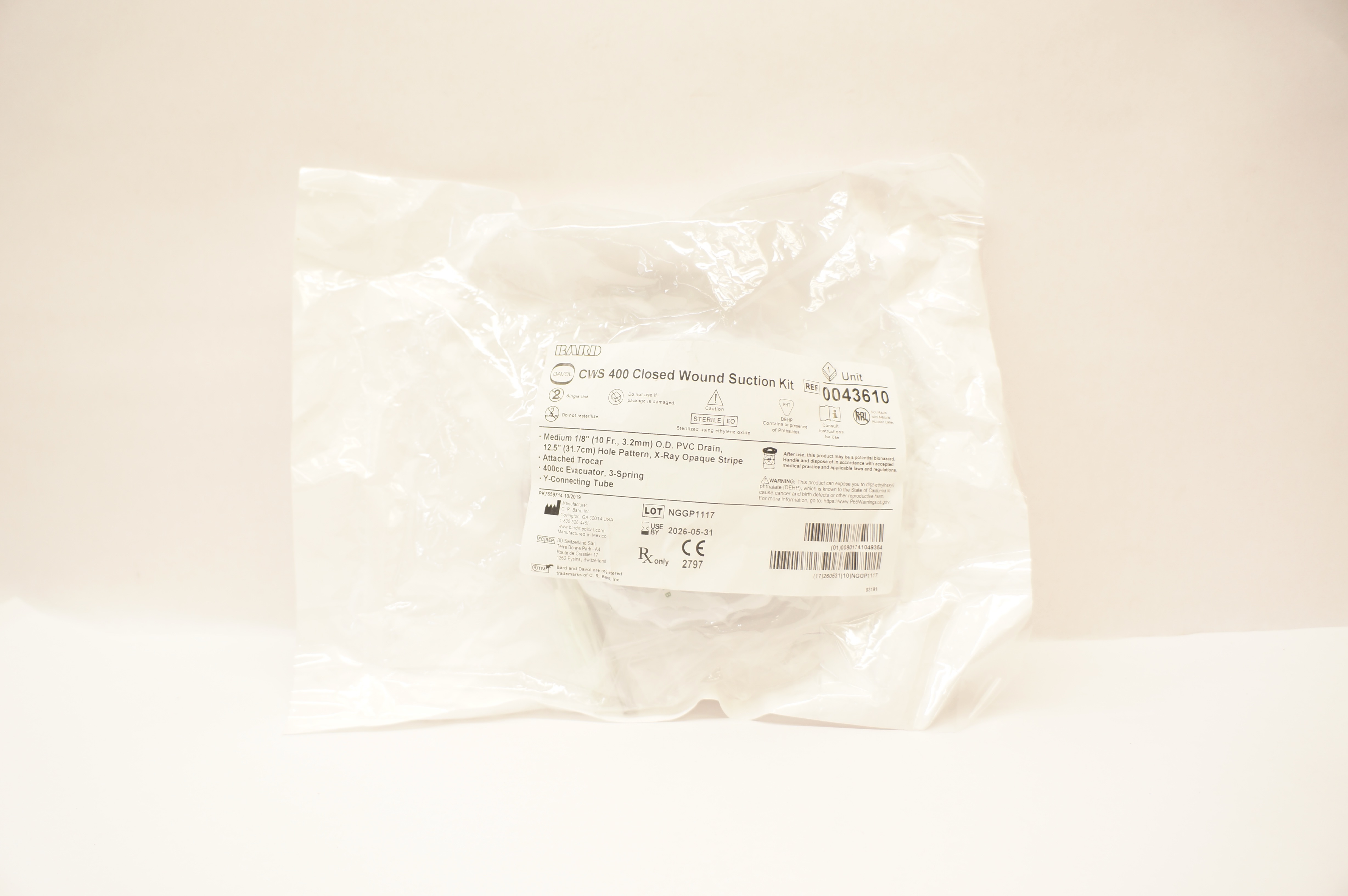 Bard 0043610 Davol CWS 400 Closed Wound Suction Kit