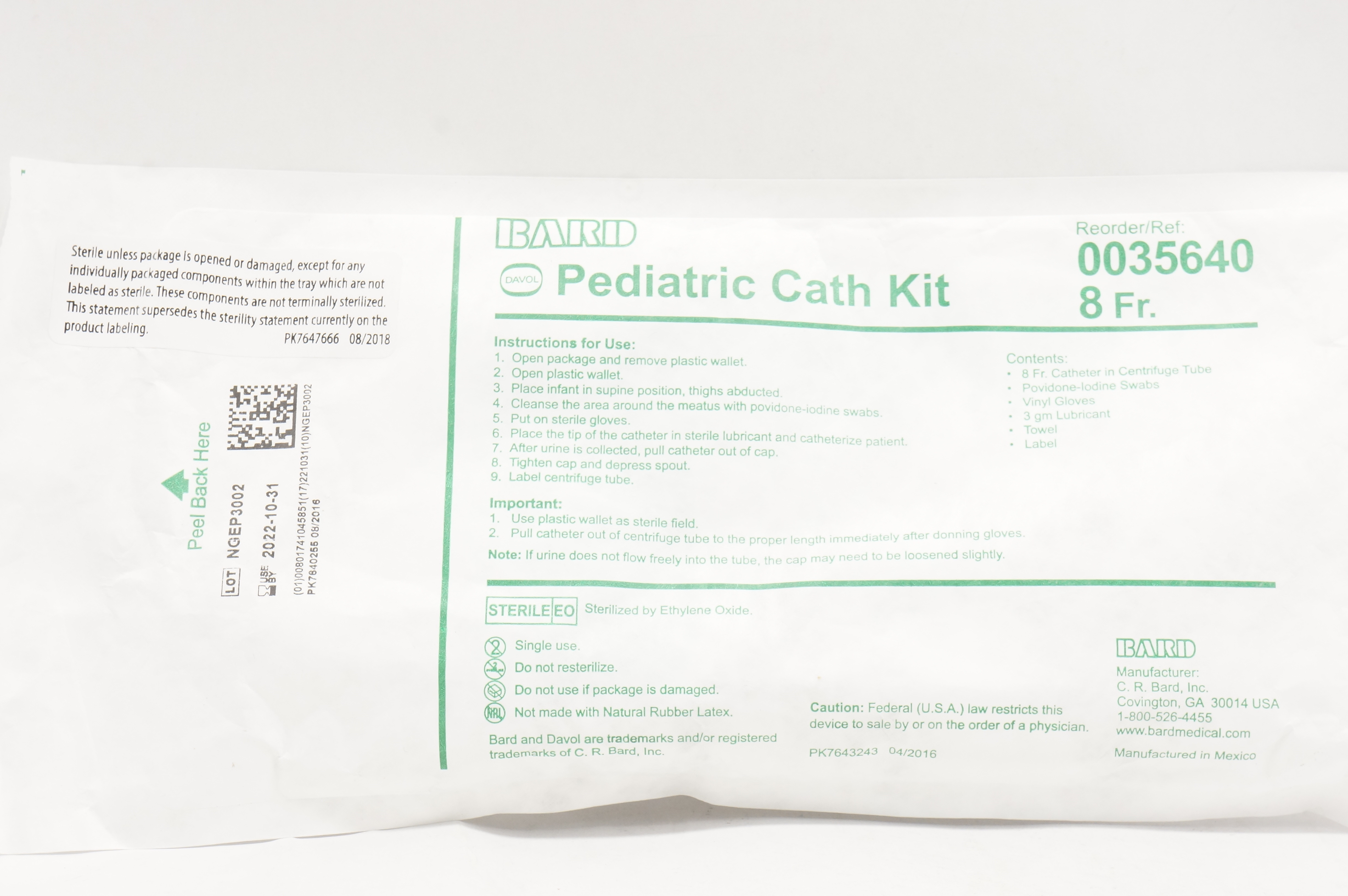 Bard 0035640 Infant and Pediatric Cath. Kits 8Fr