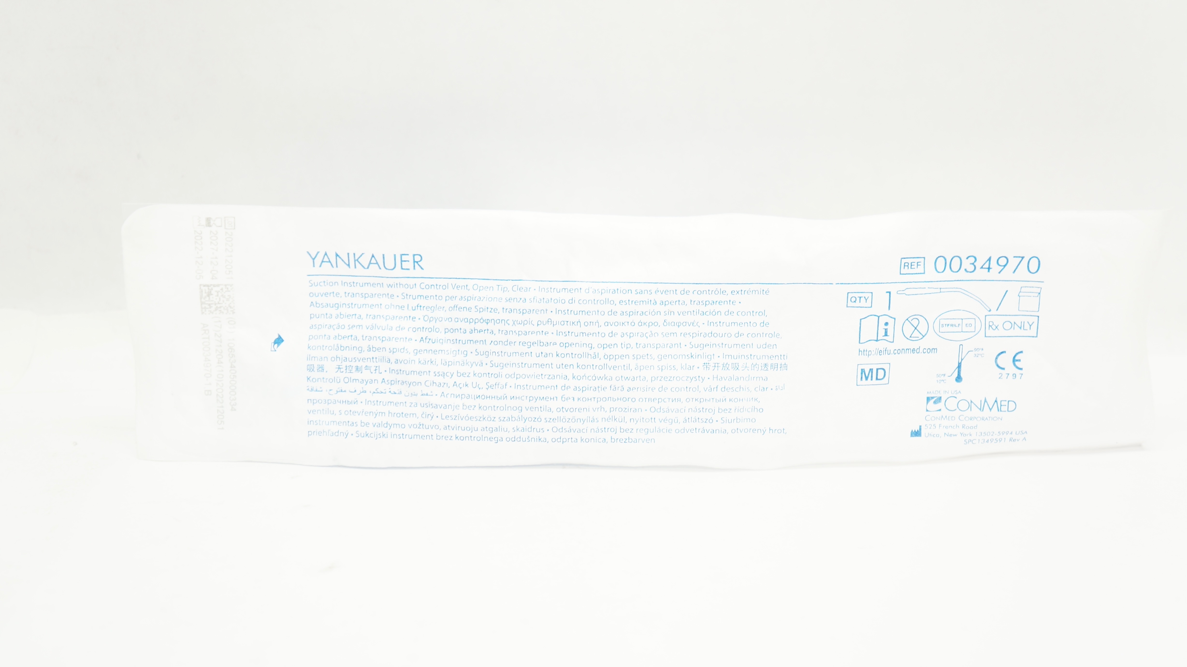 ConMed 0034970 YANKAUER Suction Instrument without Control Vent Open Tip, Clear