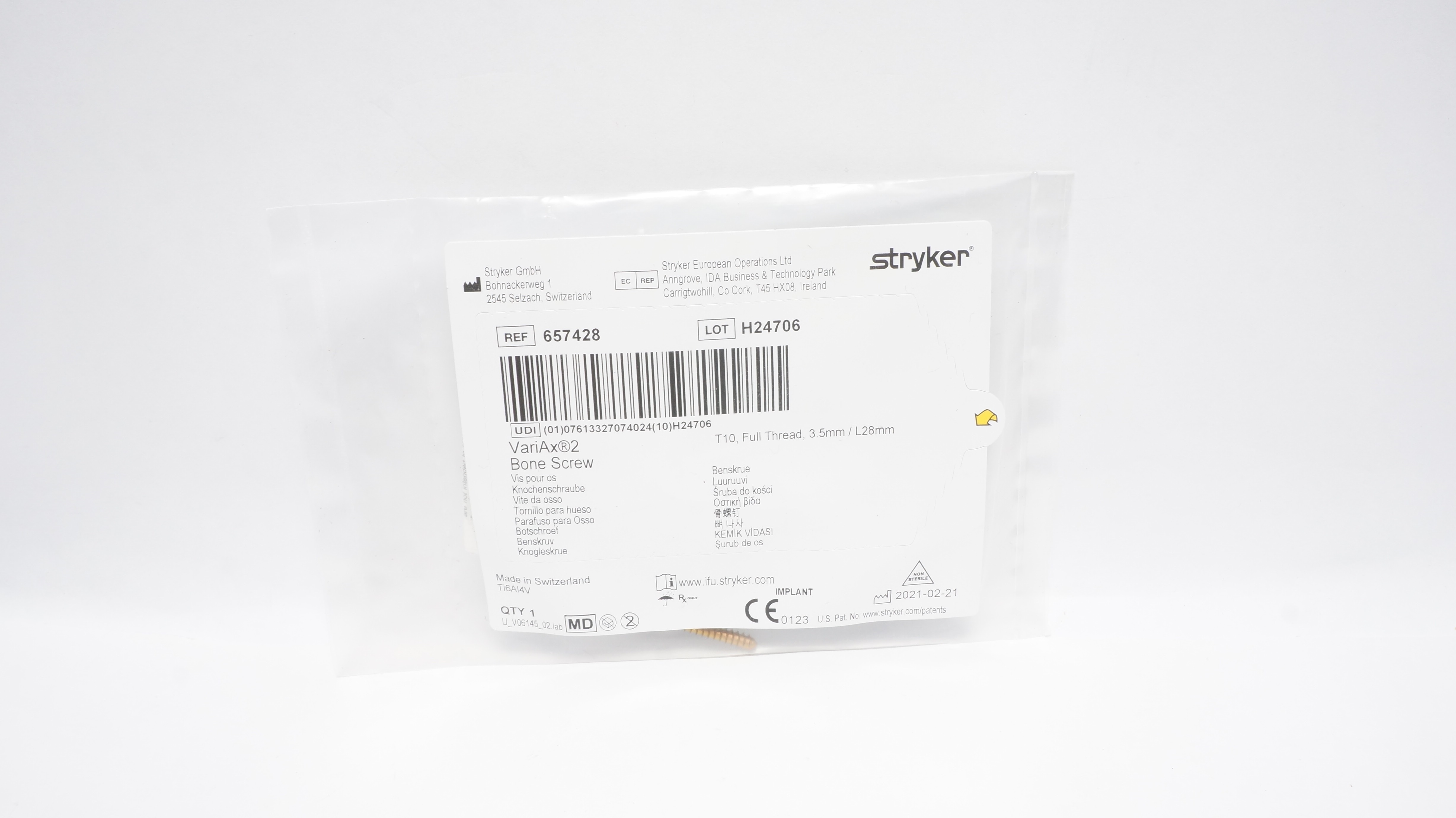 Stryker 657428 VariAx2 Bone Screw T10,Full Threaded, 3.5mm/L28mm