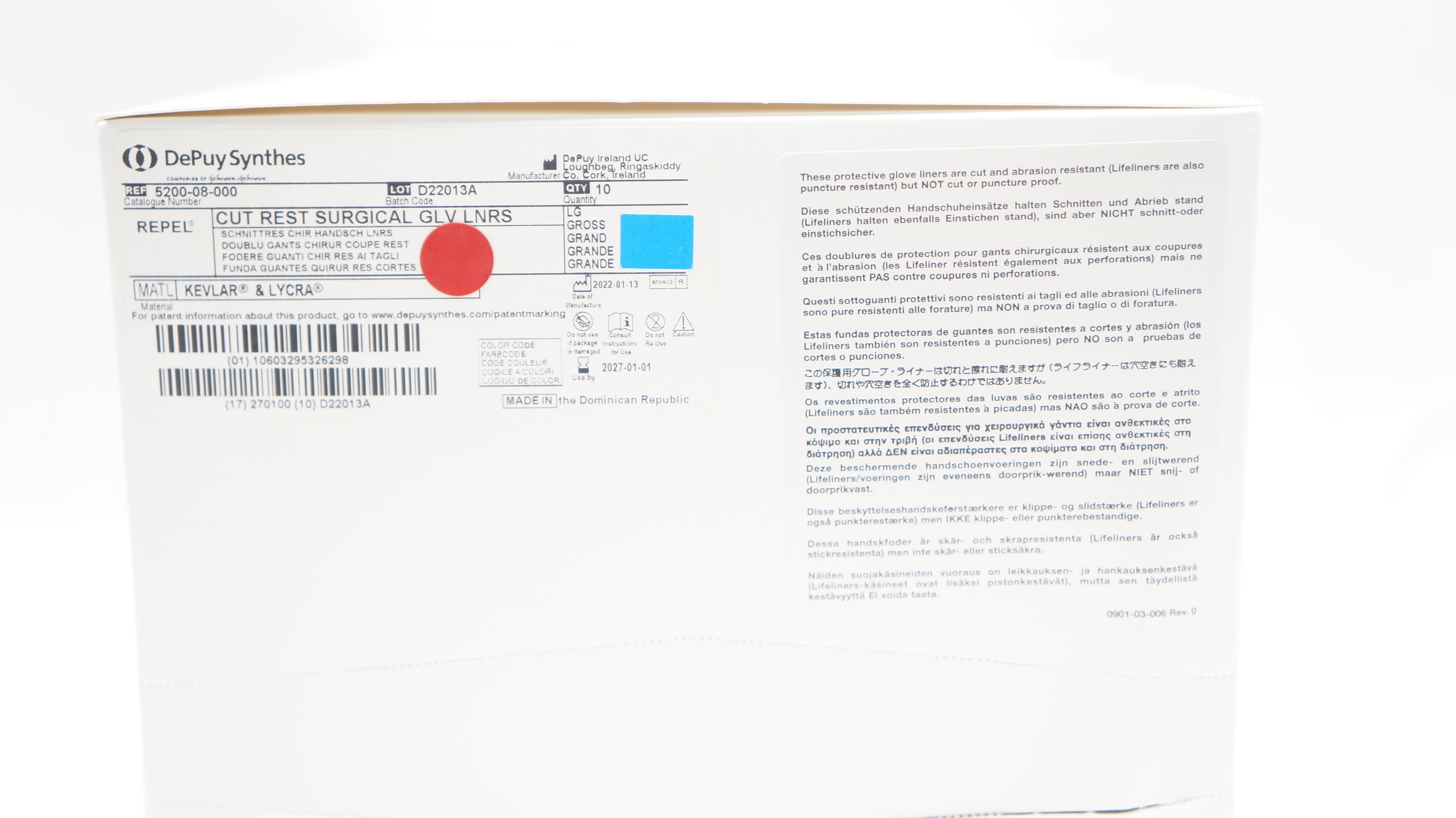 DePuy 5200-08-000 Cut Rest Surgical Glove Liners, Large - Box of 10