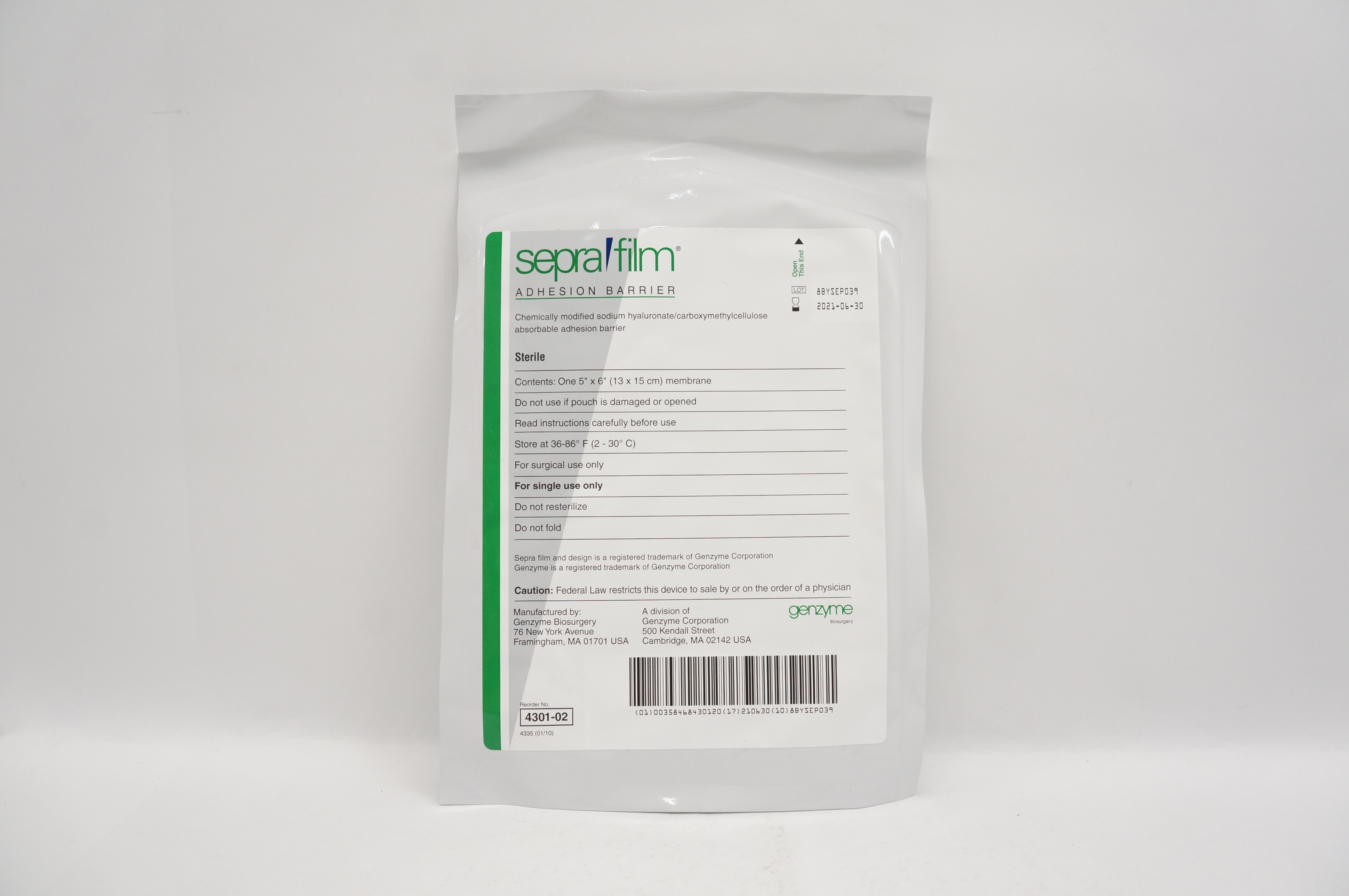 Genzyme 4301-02 Sepra Firm Adhesion Barrier 5inch x 6inch (x)