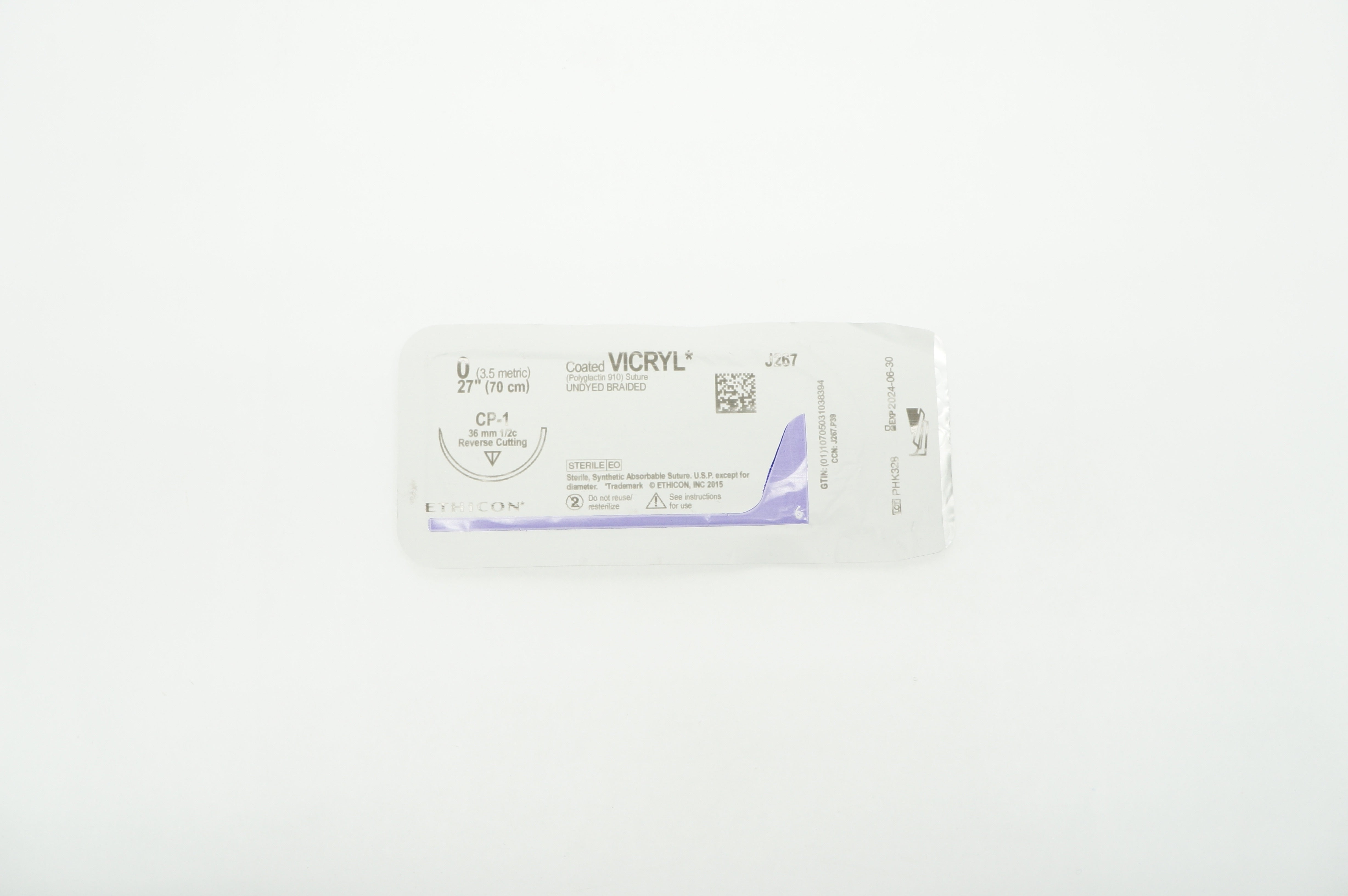 Ethicon J267 0 VICRYL, CP-1, 36mm 1/2c Reverse Cutting 27 inch