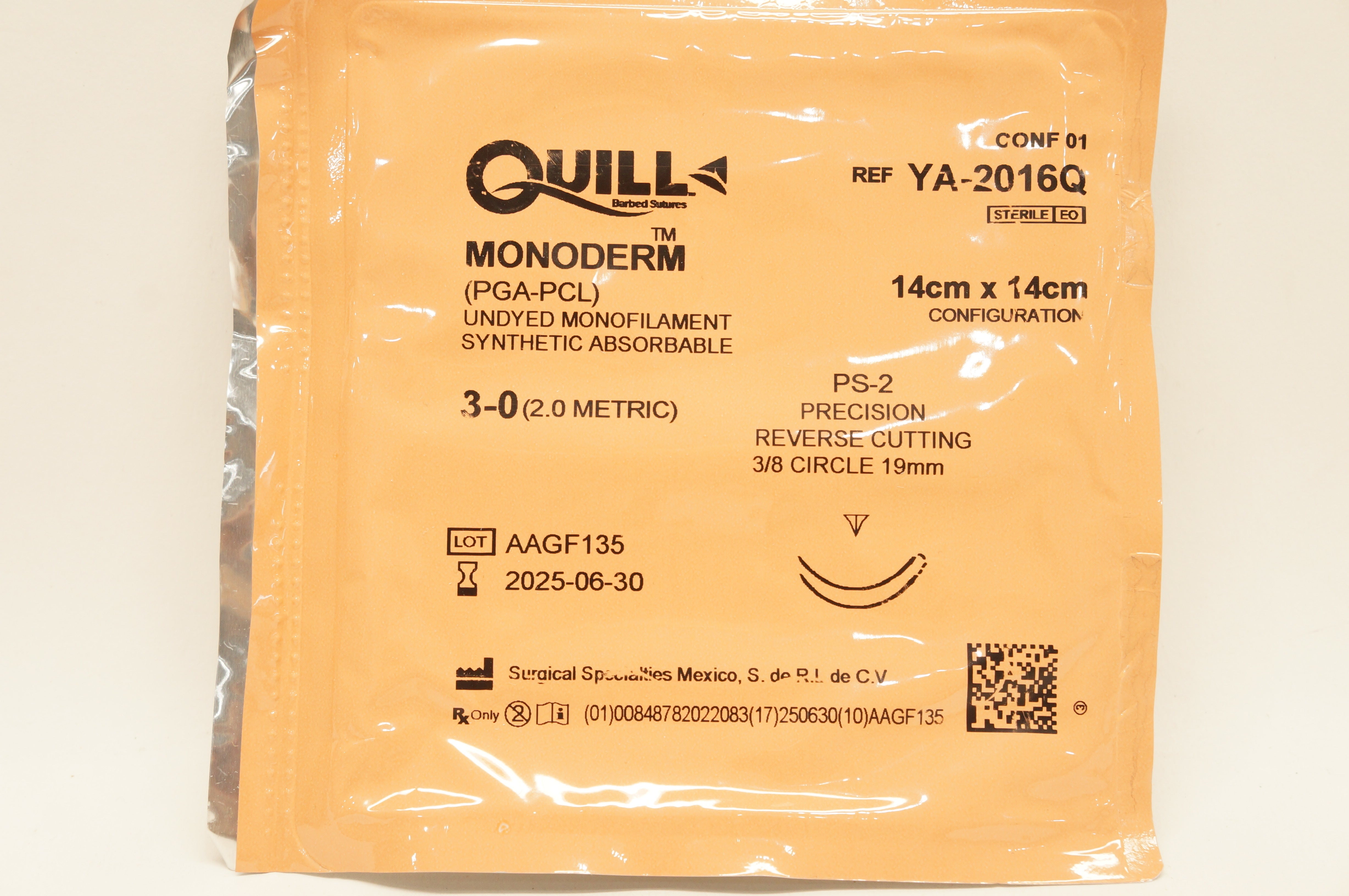 Quill YA-2016Q Monoderm 3-0 PS-2 Precision Reverse Cutting 3/8 Circle 19mm