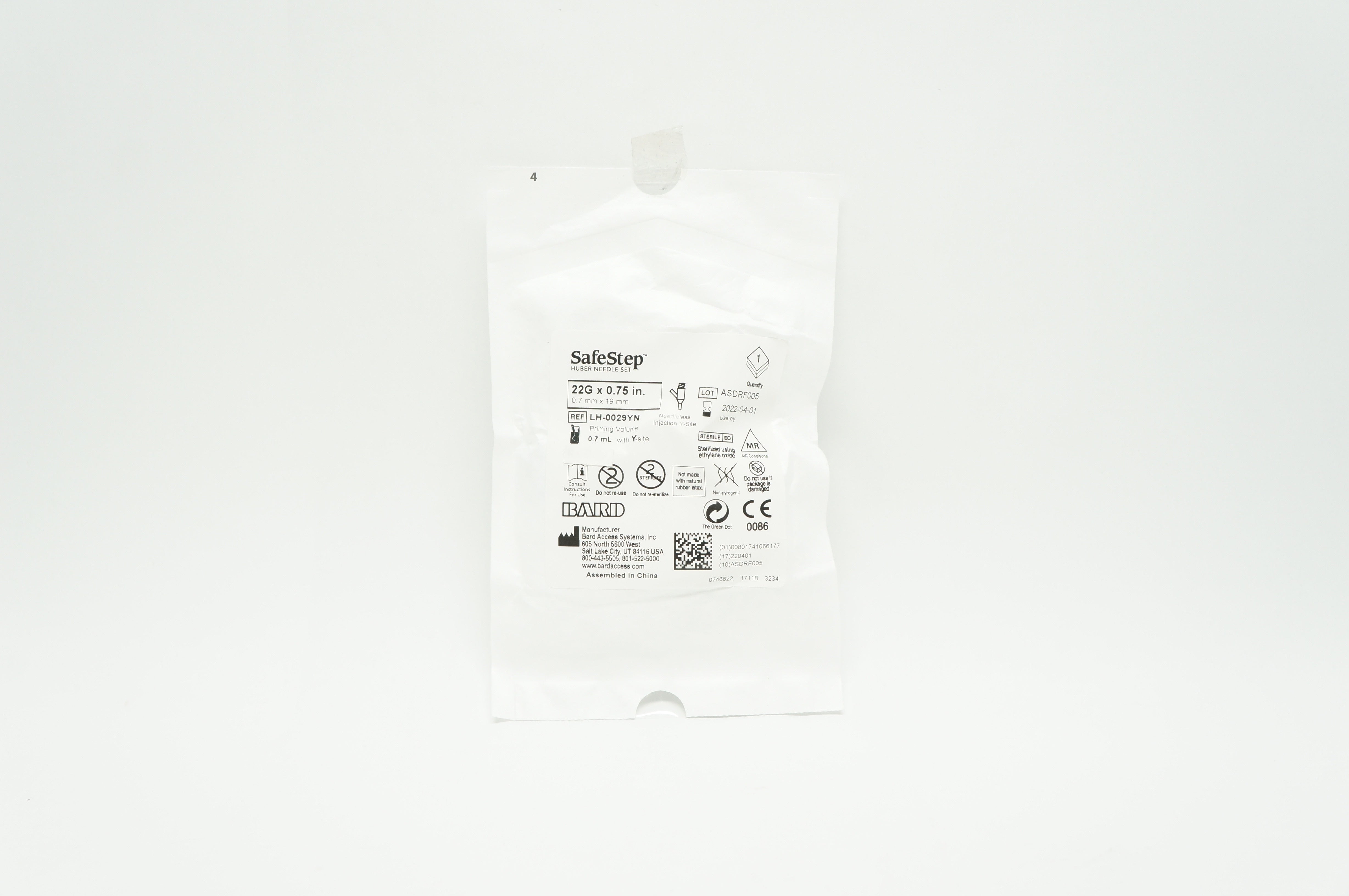 Bard LH-0029YN SafeStep 22G x 0.75inch, Priming Volume 0.7ml with Y-Site