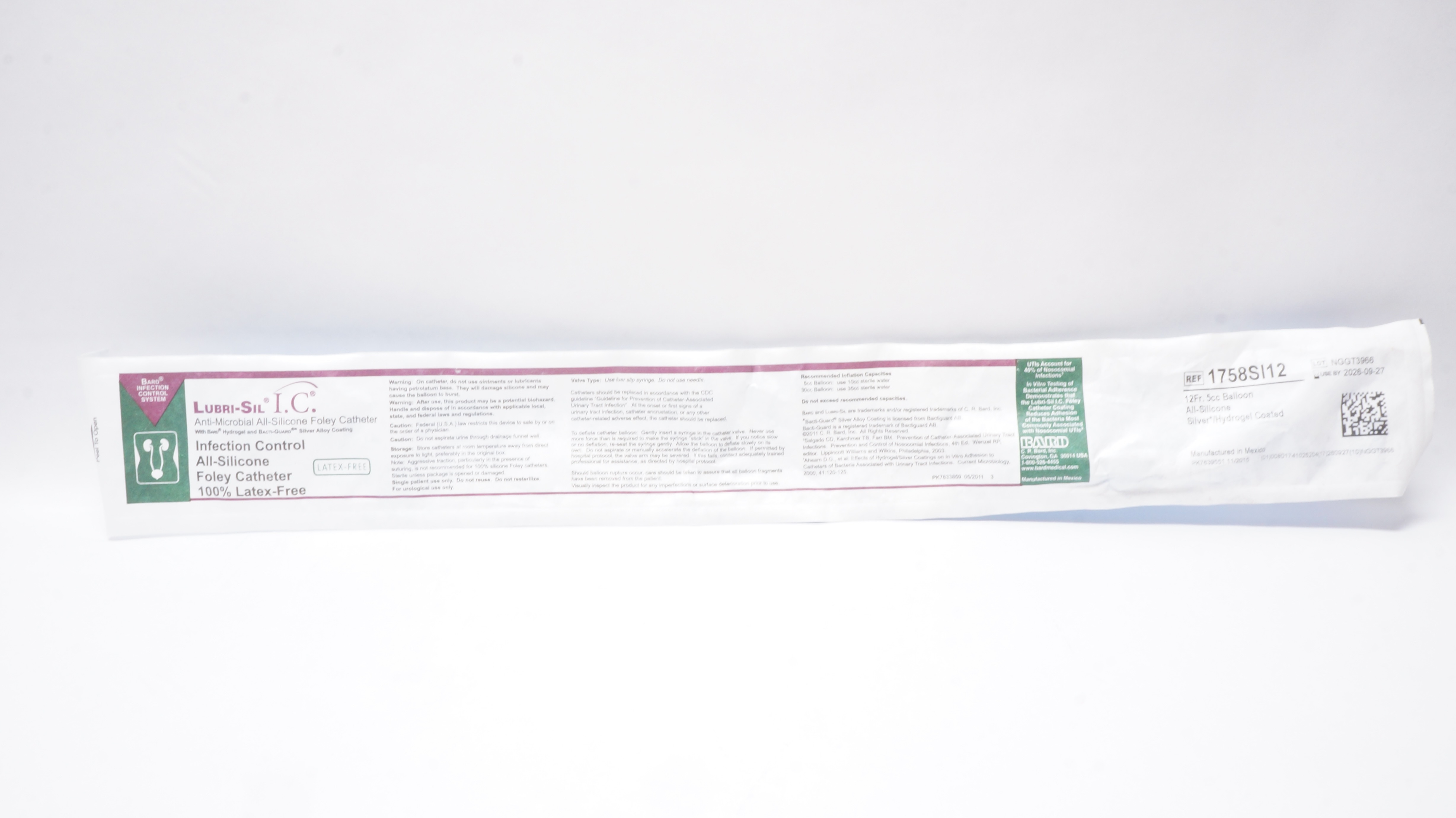 Bard 1758SI12 Lubri-Sil I.C. Anti-Microbial All-Silicone Foley Cath. 12Fr