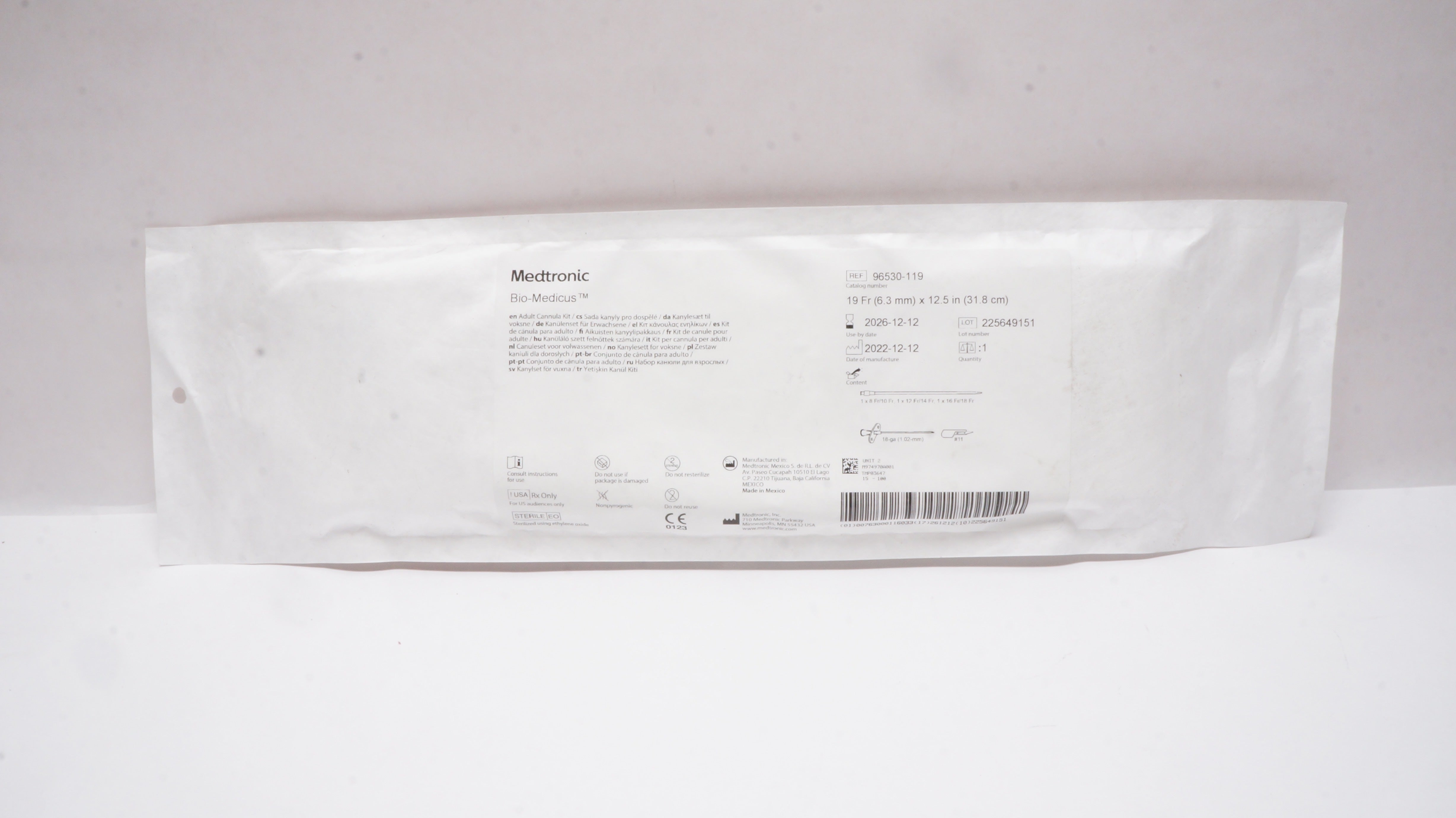 Medtronic 96530-119 Bio-Medicus Adult Cannula Kit 19Fr x 12.5inch