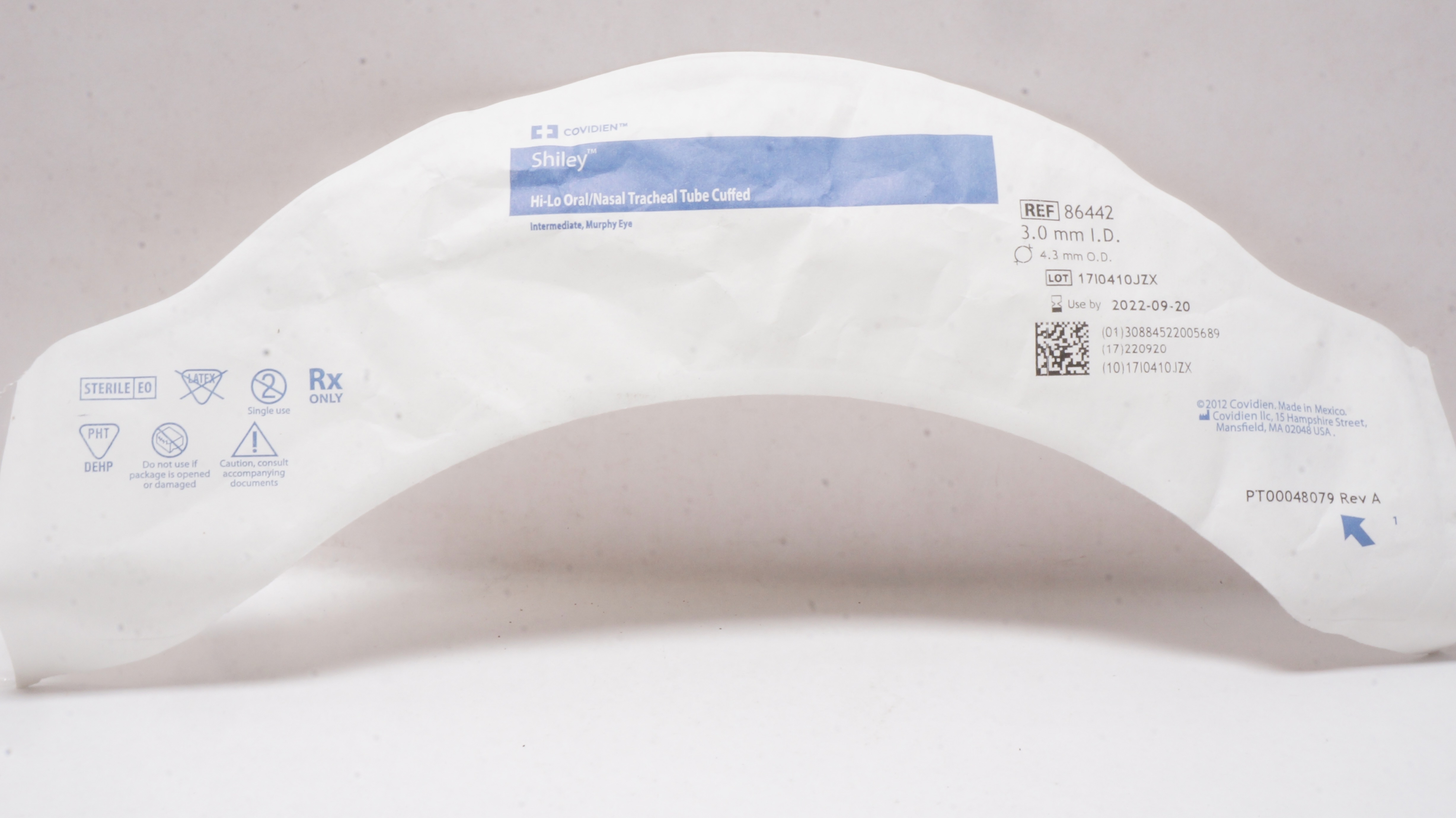 Covidien 86442 Shiley Hi-Lo Oral/Nasal Tracheal Tube Cuffed 3.0mmID x 4.3mmOD(x)