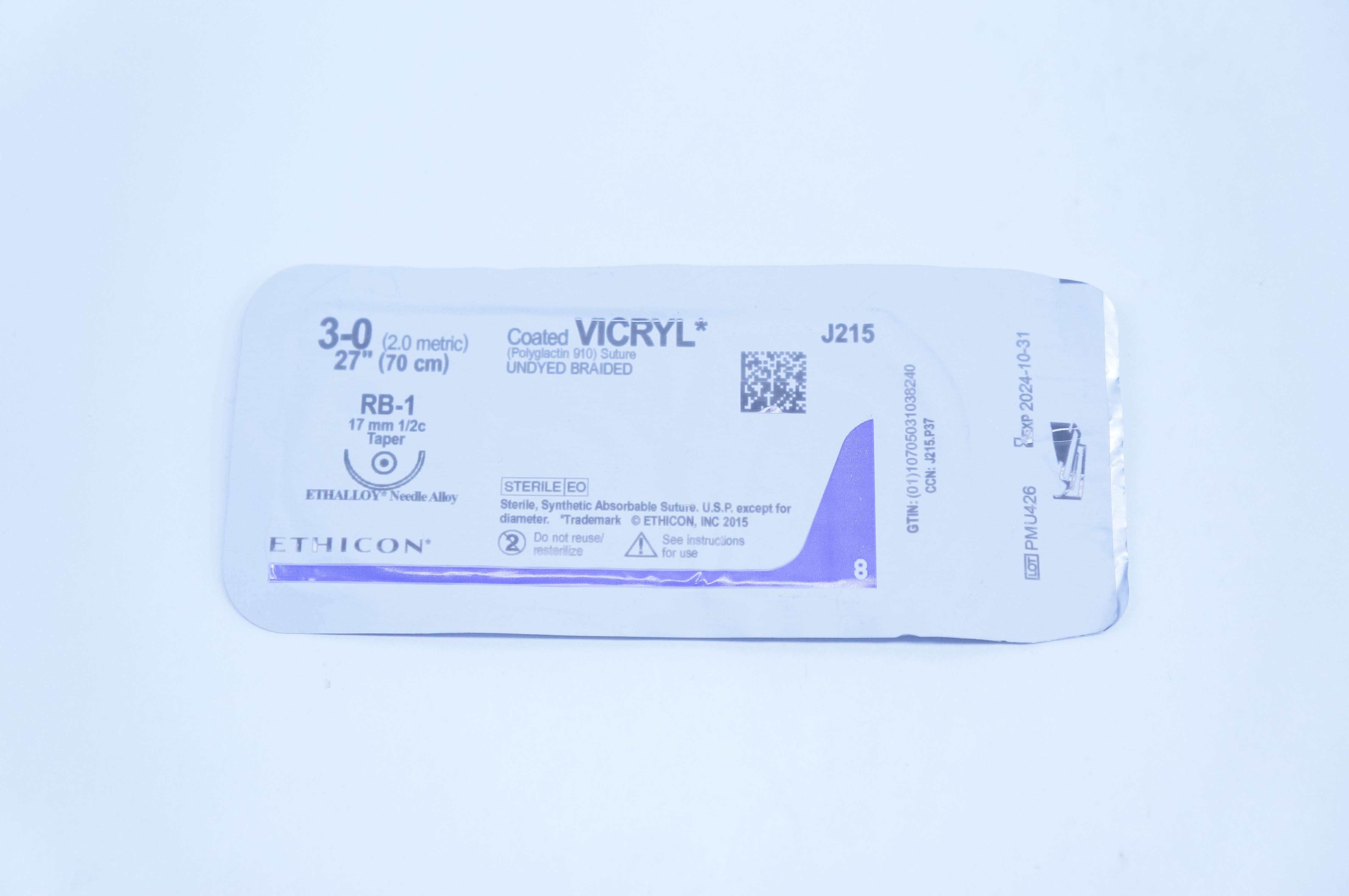 Ethicon J215 3-0 VICRYL, RB-1, 17mm 1/2c Taper, 27inch