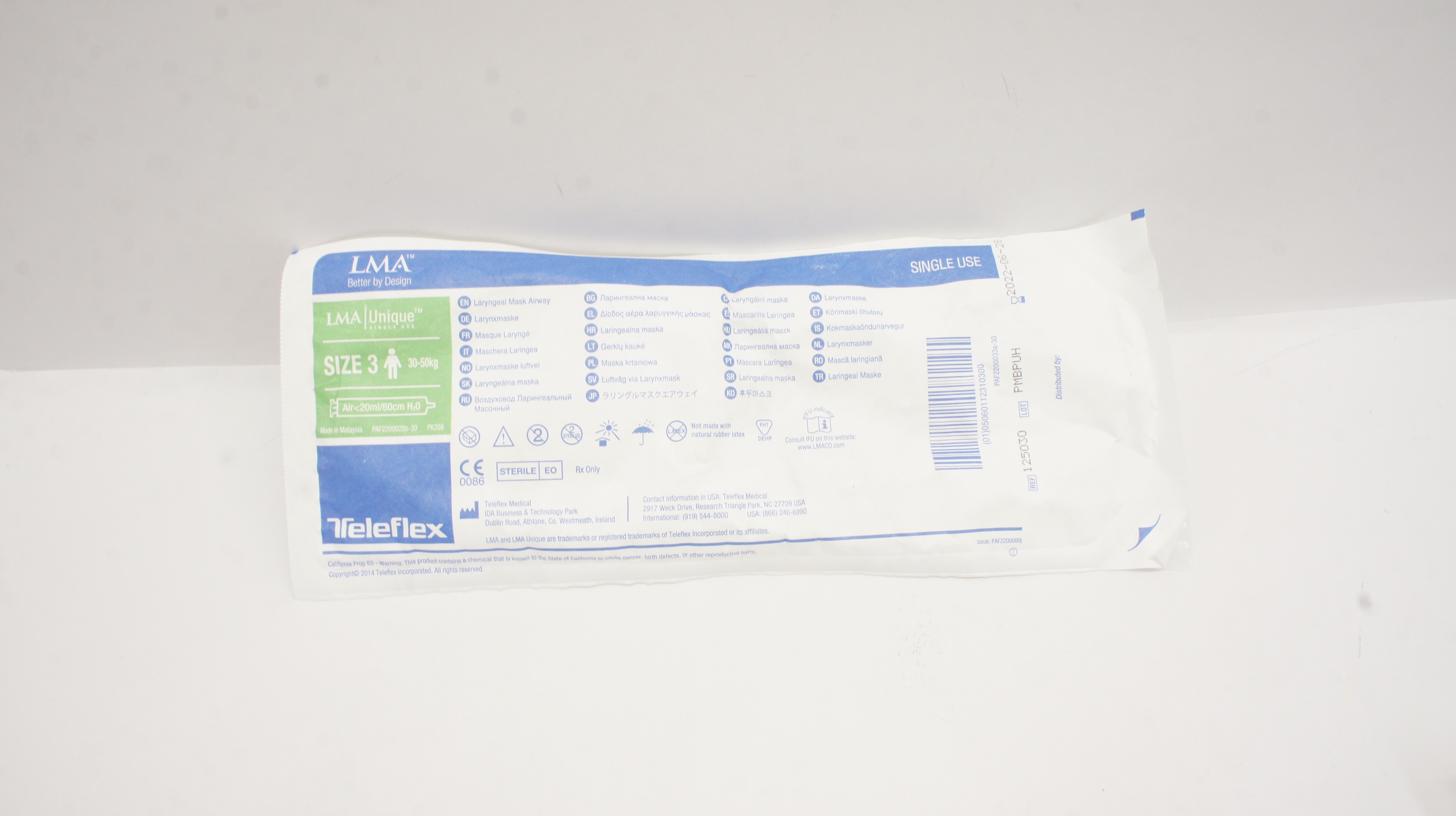 Teleflex 125030 LMA Unique Laryngeal Mask Airway, Size 3 30-50kg (x)