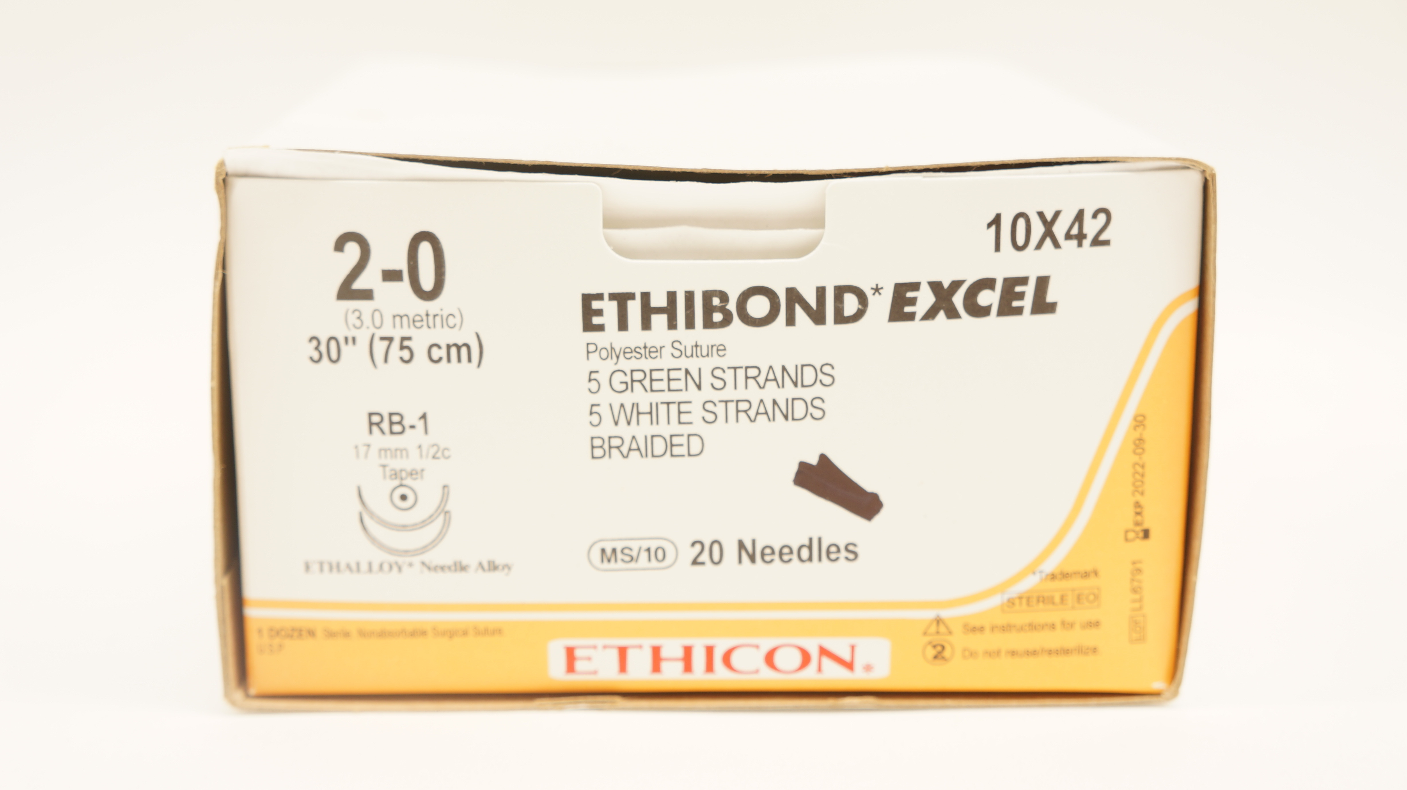 Ethicon 10X42 2-0 Ethibond Polyester Stre RB-1 17mm 1/2c, 30inch - Box of 10