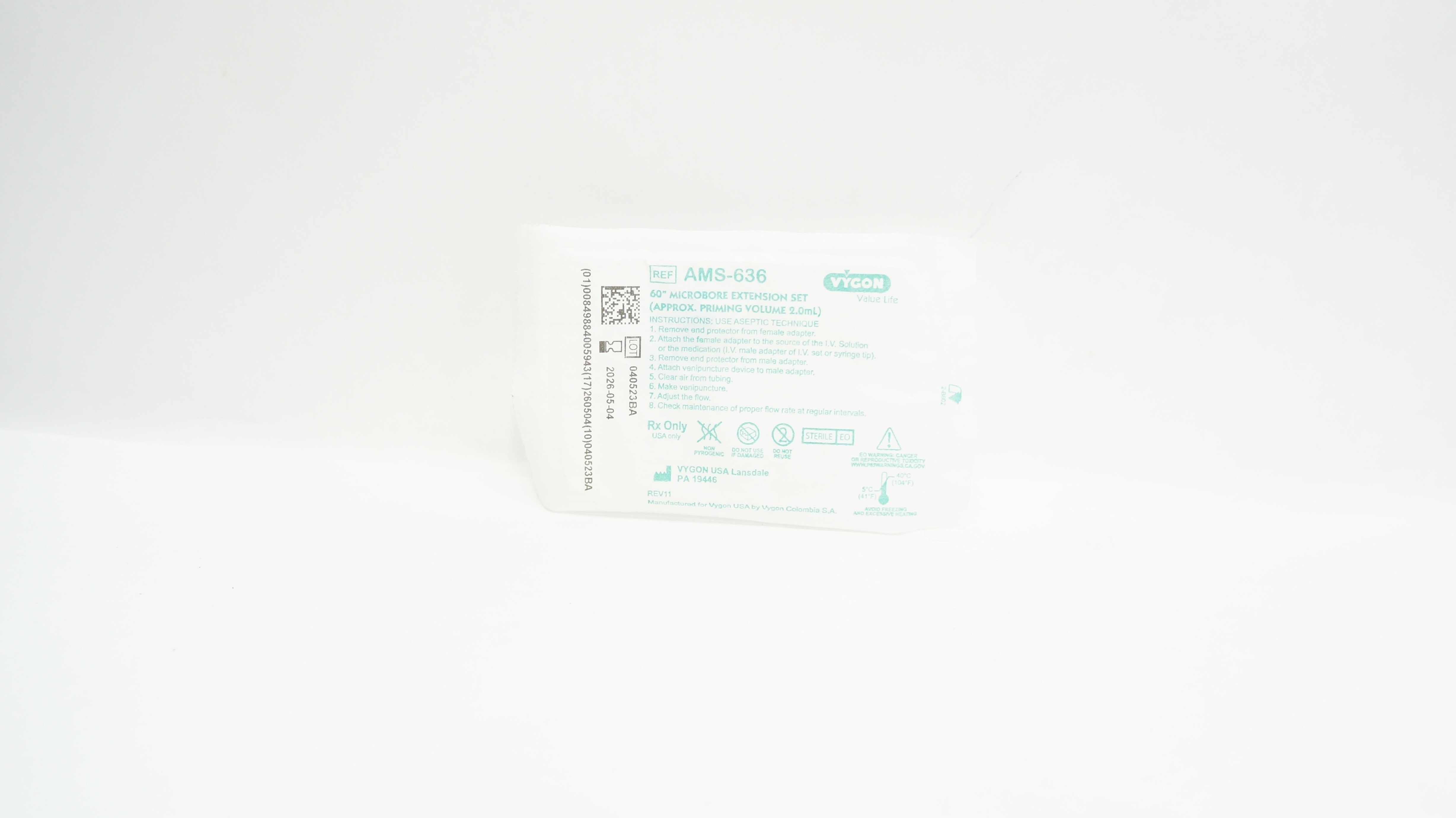 Vygon AMS-636 Value Life 60inch Microbore Extension Set Approx. Volume 2.0ml