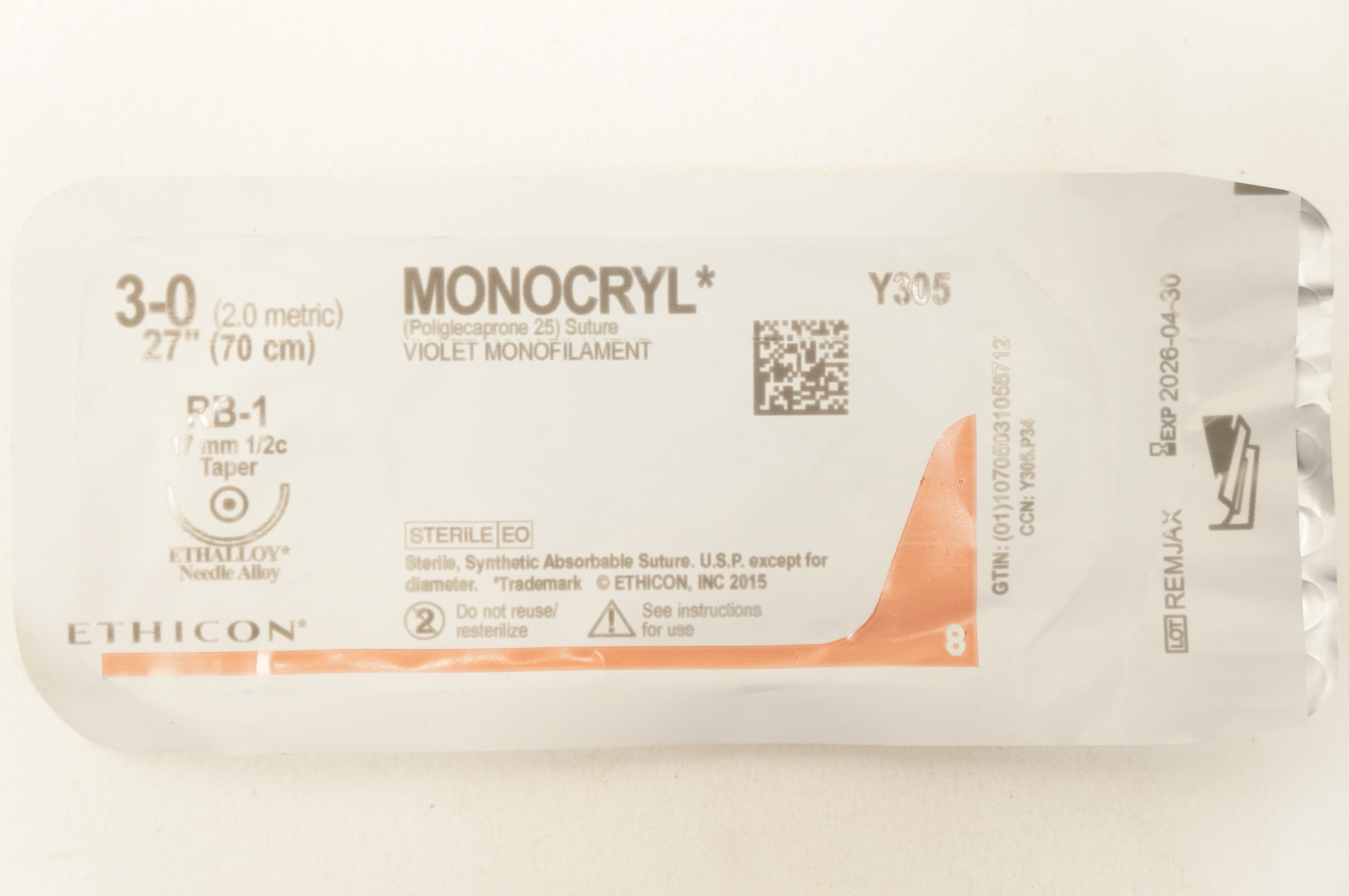 Ethicon Y305 3-0 MONOCRYL Poliglecaprone 25 Stre RB-1 17mm 1/2c Taper 27inch
