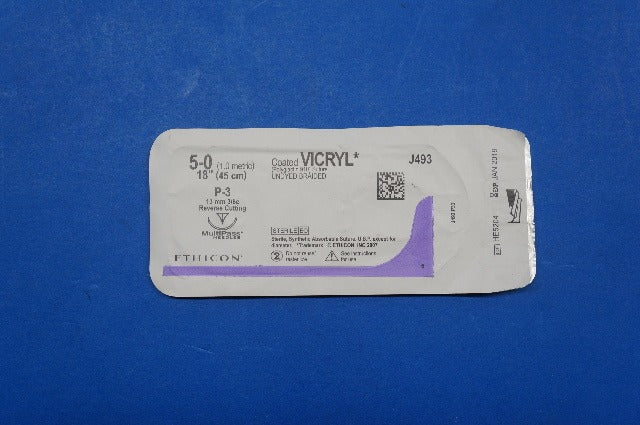 Ethicon J493 5-0 VICRYL, P-3 13mm 3/8c Reverse Cutting, Undyed Braided, 18inch