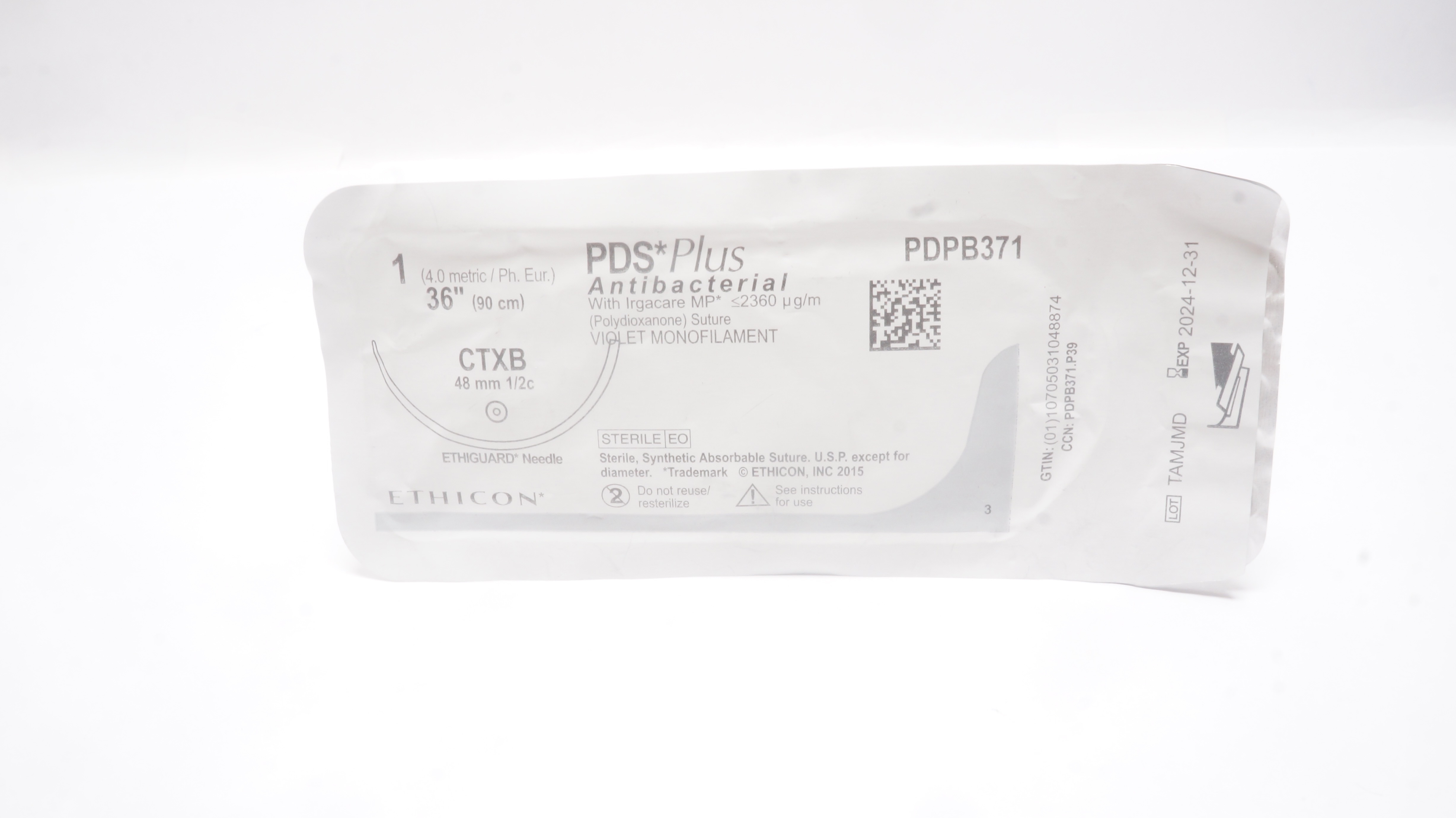 Ethicon PDPB371 1 PDS PLUS VIOLET 36inch Antibacterial Stre., CTXB 48mm 1/2c