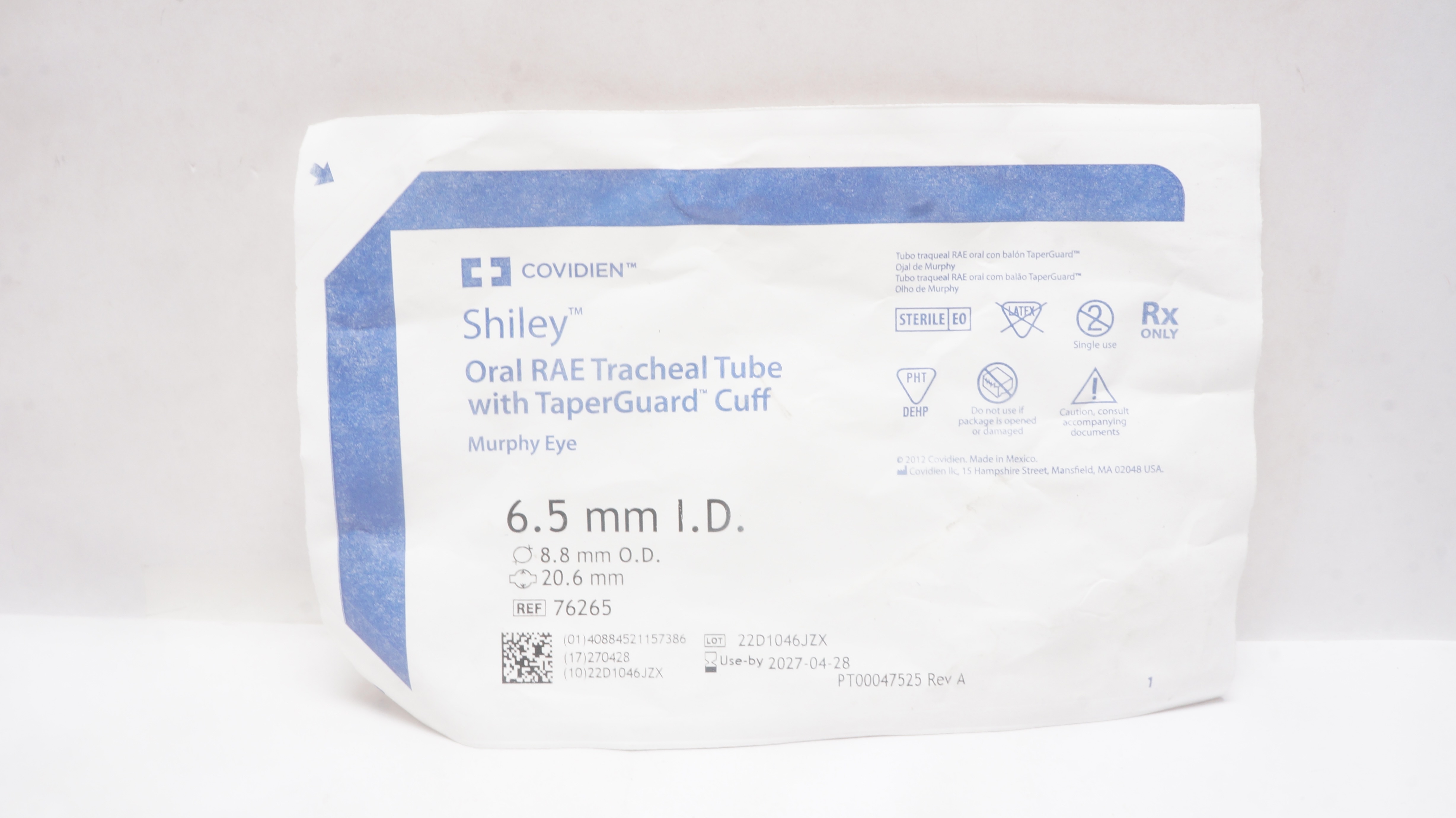 Covidien 76265 Shiley Oral RAE Tracheal Tube with Cuff 6.5mm ID 8.8mm OD