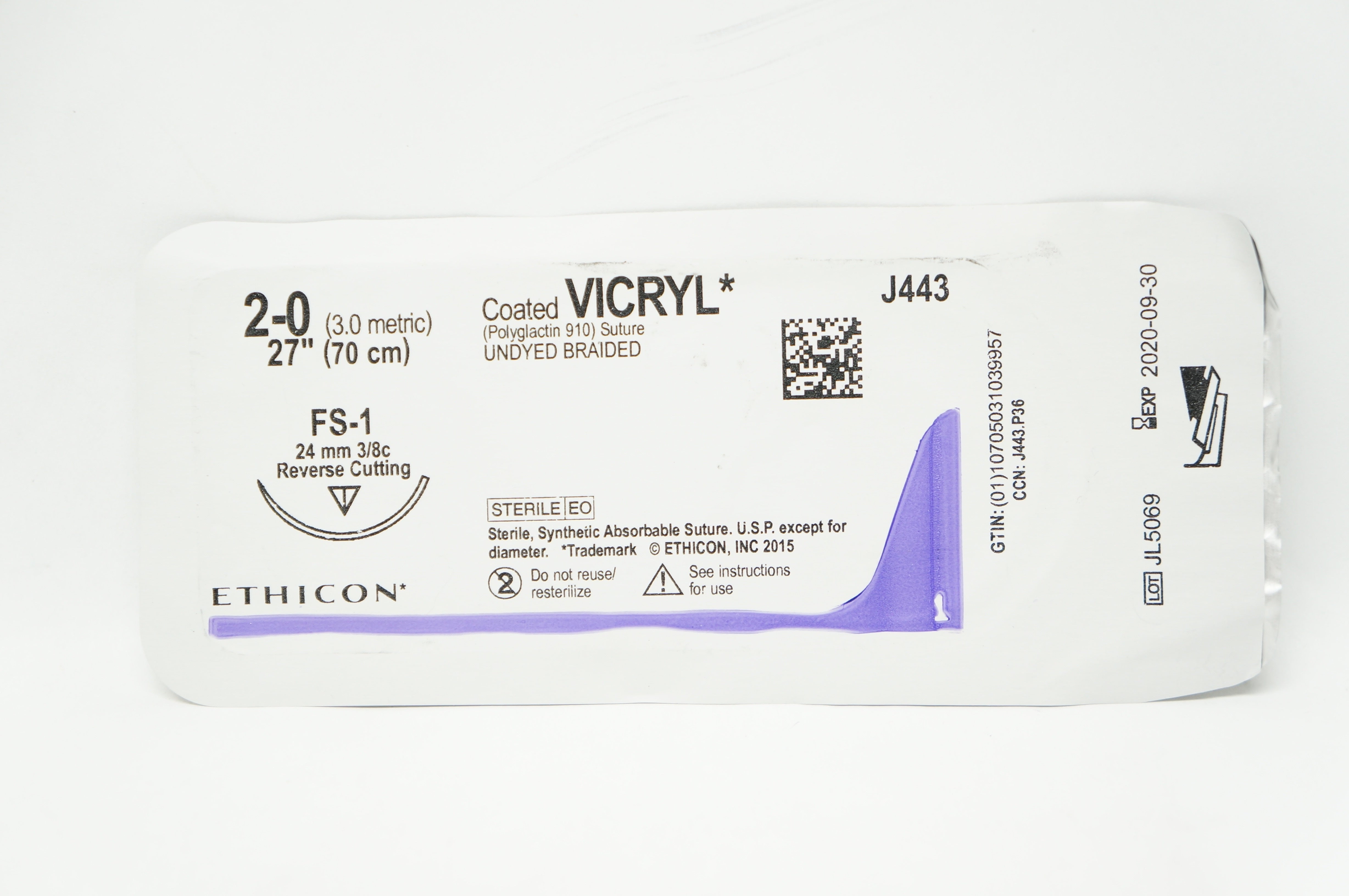 Ethicon J443 2-0 Coated VICRYL Stre FS-1 24mm 3/8c Reverse Cutting, 27inch (x)