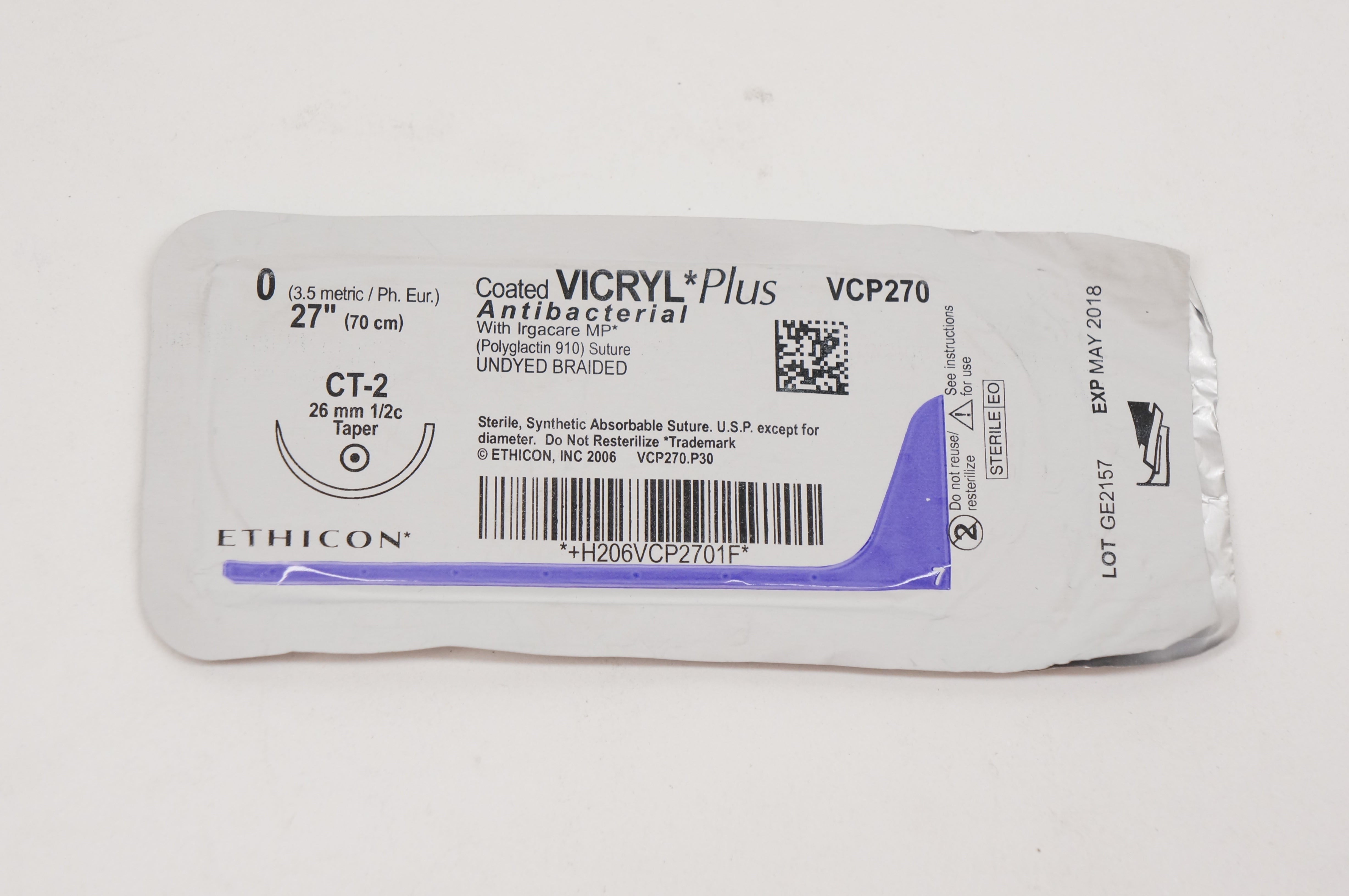 Ethicon VCP270 0 VICRYL Plus, CT-2, 26mm 1/2c Taper, 27inch (x)