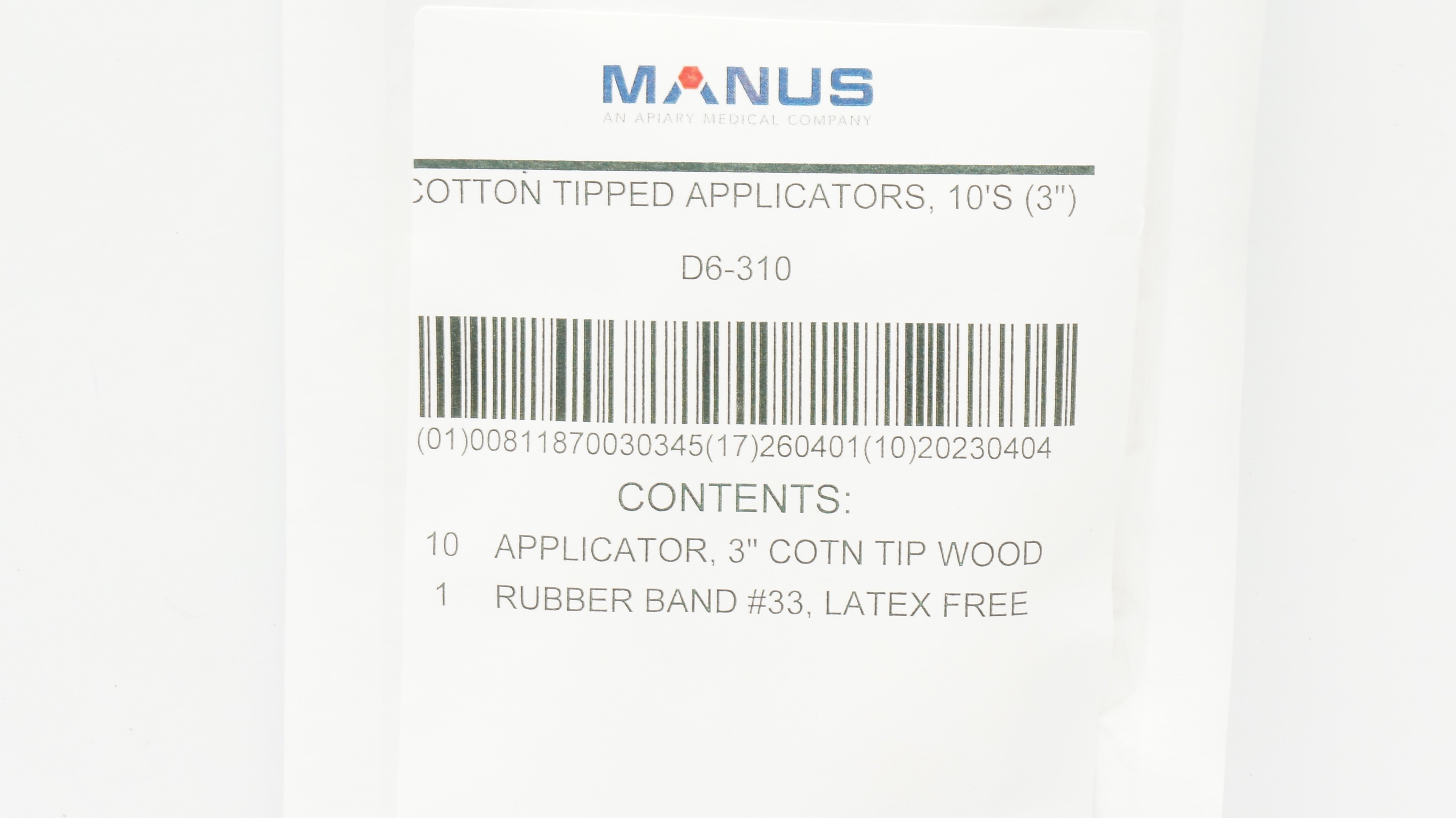 CHS D6-310 Manus Cotton Tipped Applicators 3inch - Pack of 10