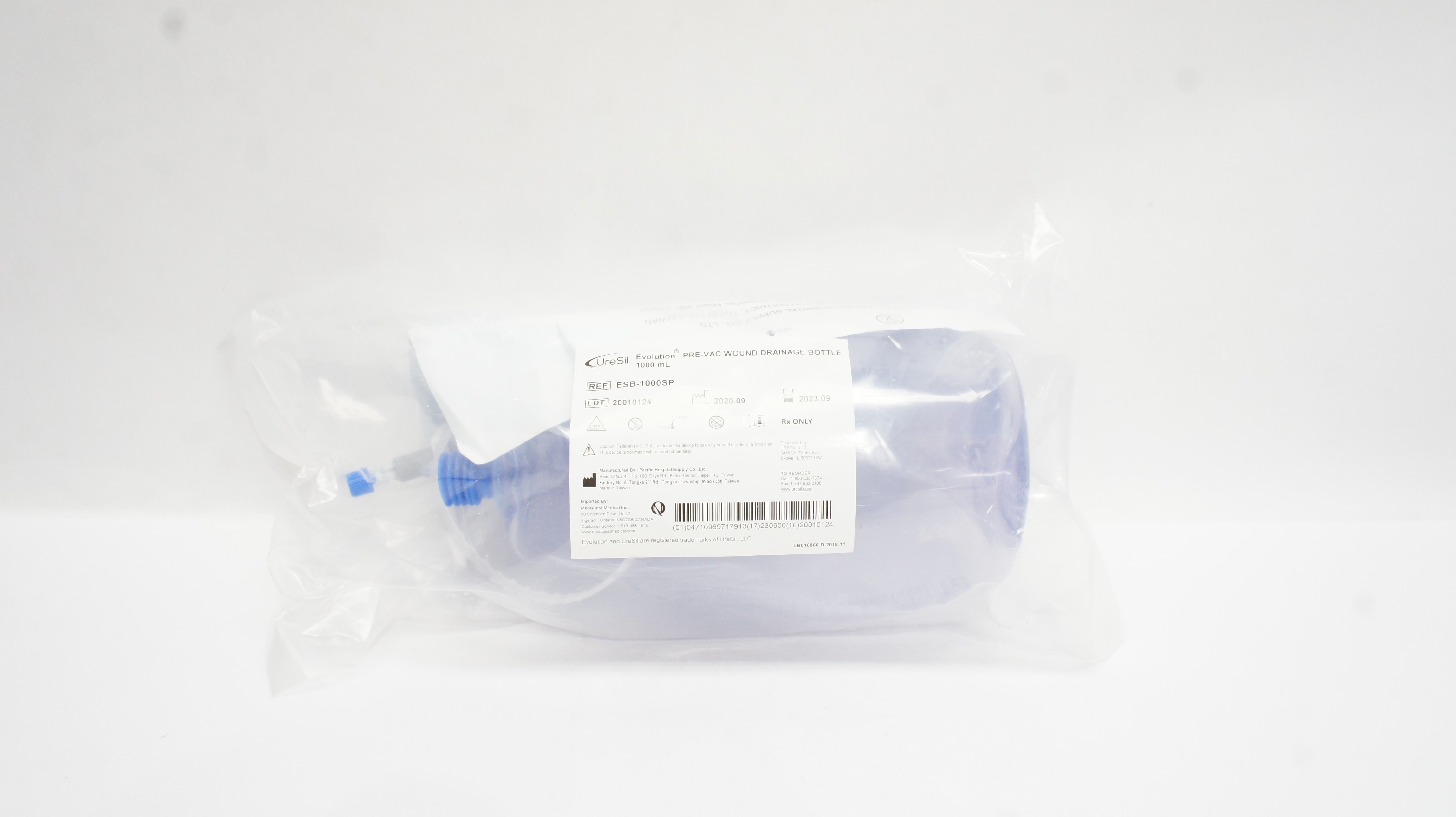 UreSil ESB-1000SP Evolution Pre-Vac Wound Drainage Bottle 1000mL (x)