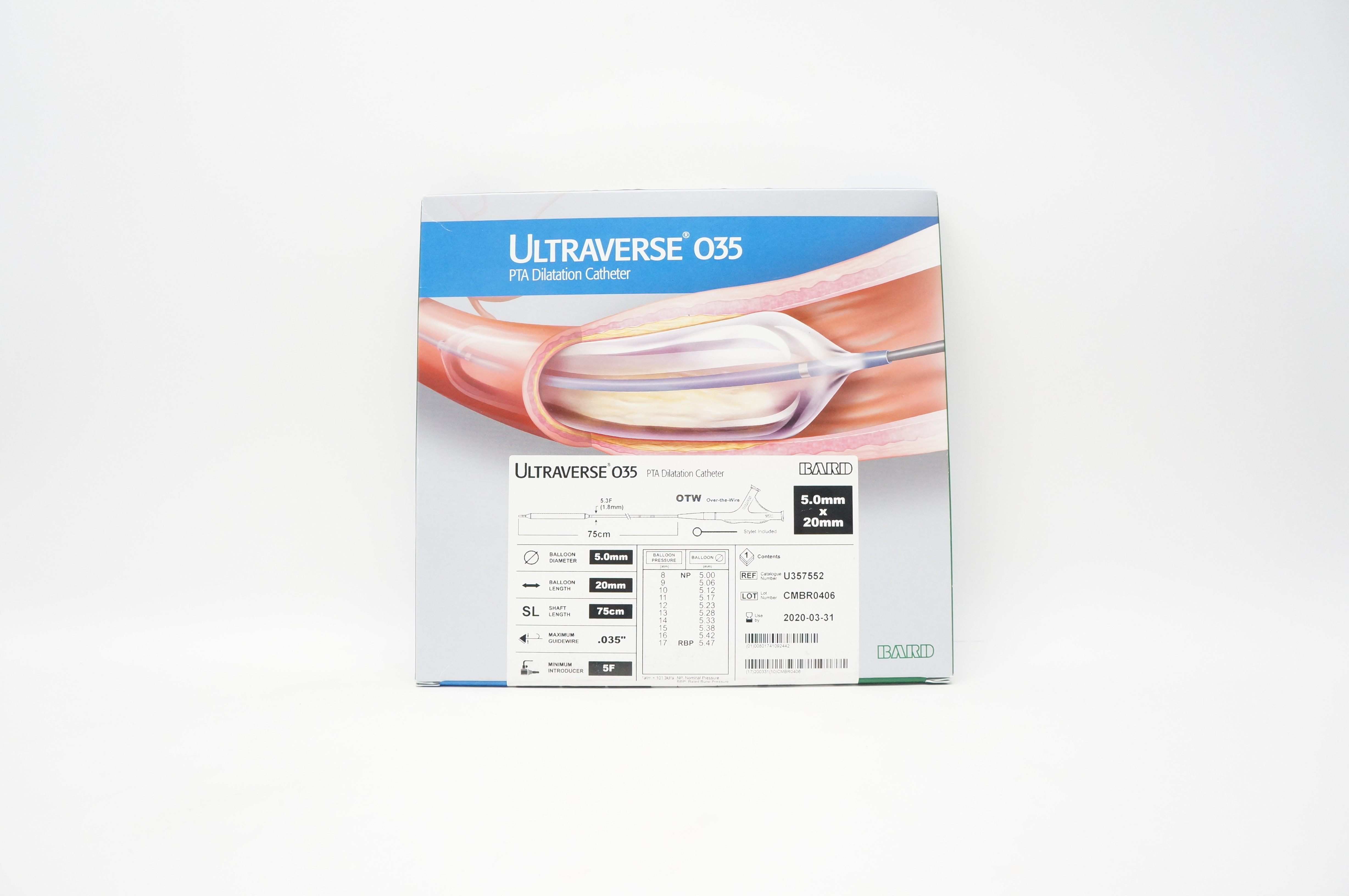 Bard U357552 Ultraverse 035 PTA Balloon Dilatation Cath. 5.0mm x 20mm (x)