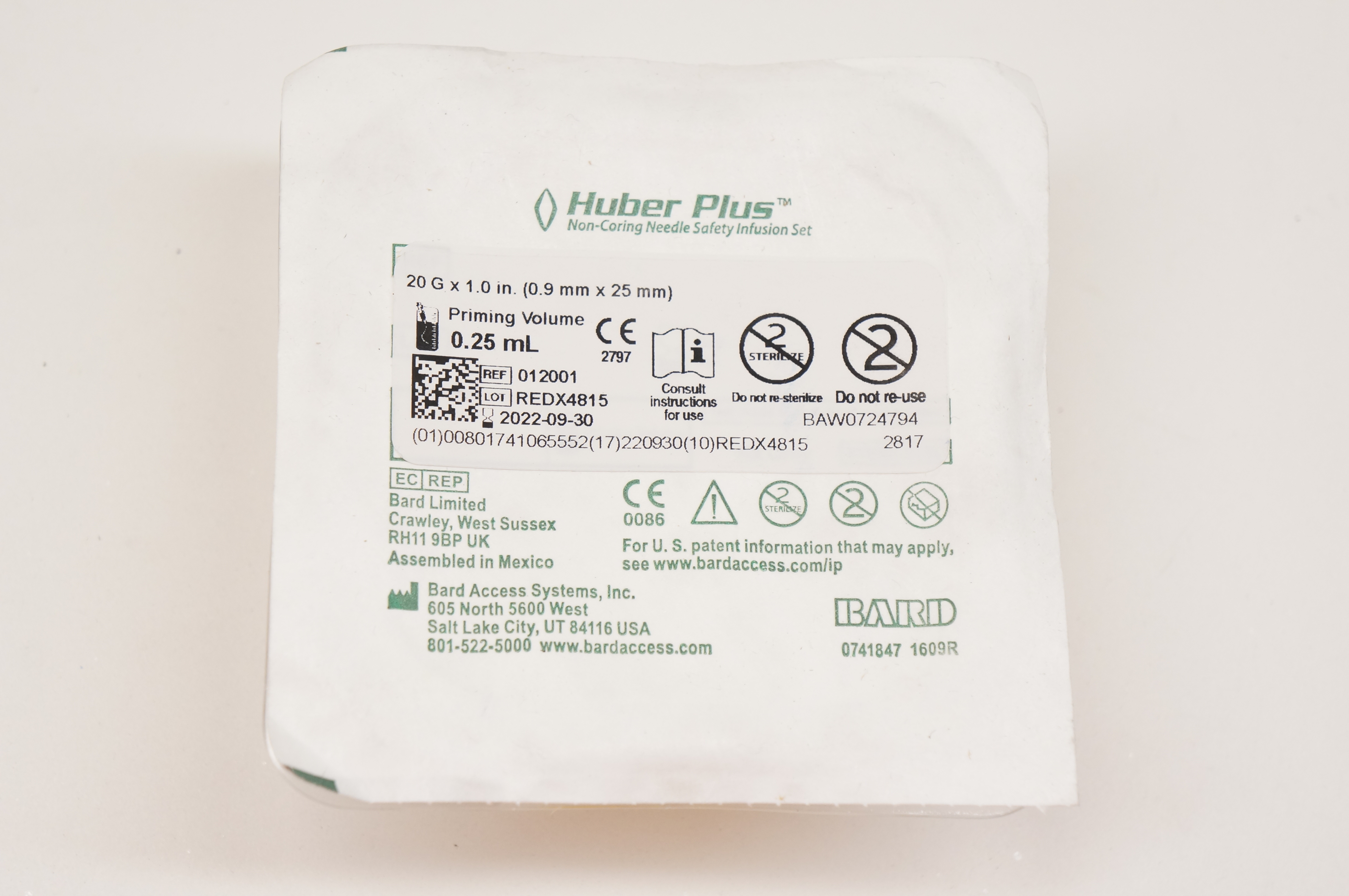 Bard 012001 Huber Plus Non-Coring Ndle Safety Infusion Set 20G x 1inch