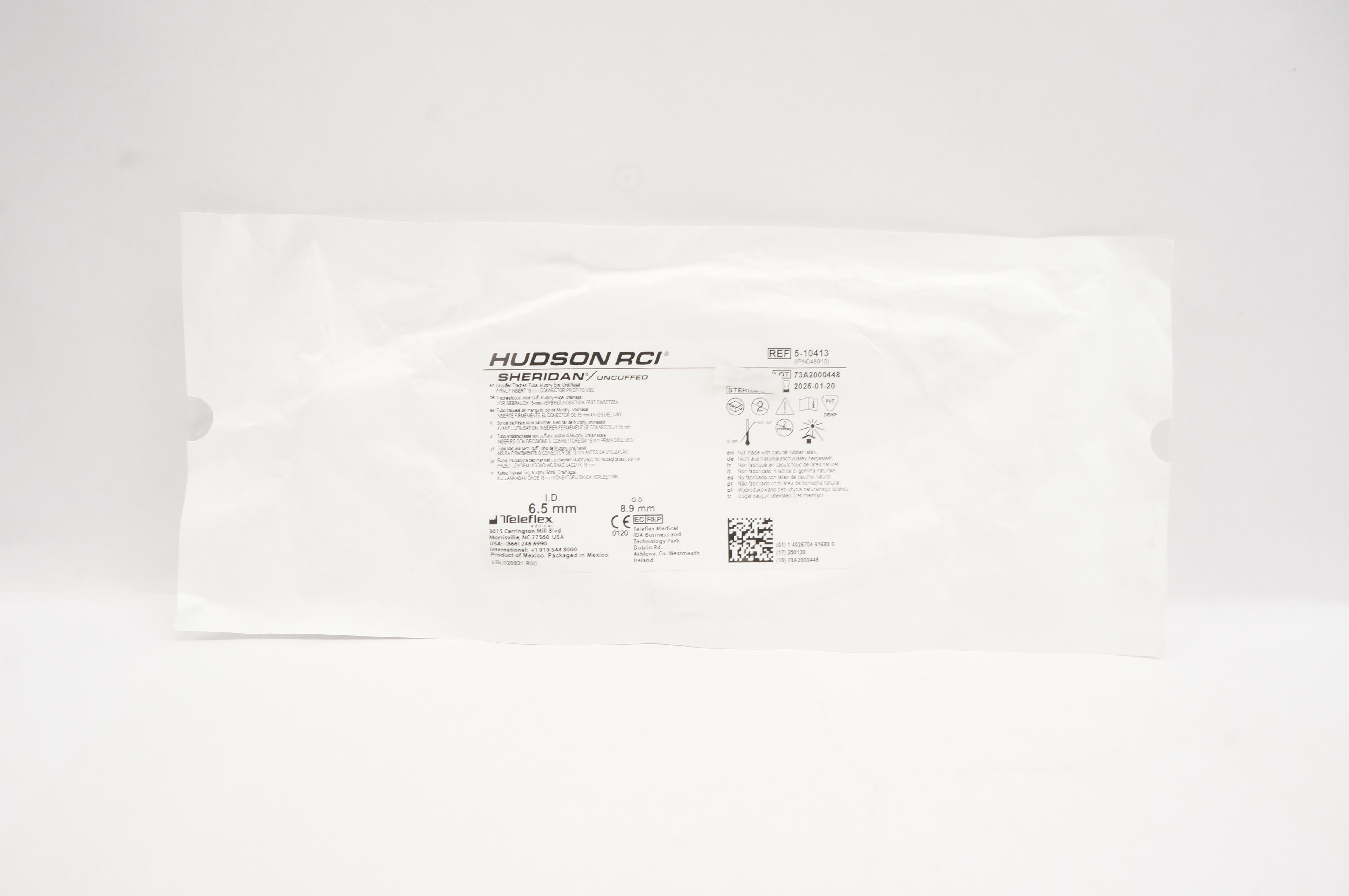 Teleflex 5-10413 Hudson RCI Sheridan Uncuffed Tracheal Tube 6.5mm ID x 8.9mm OD