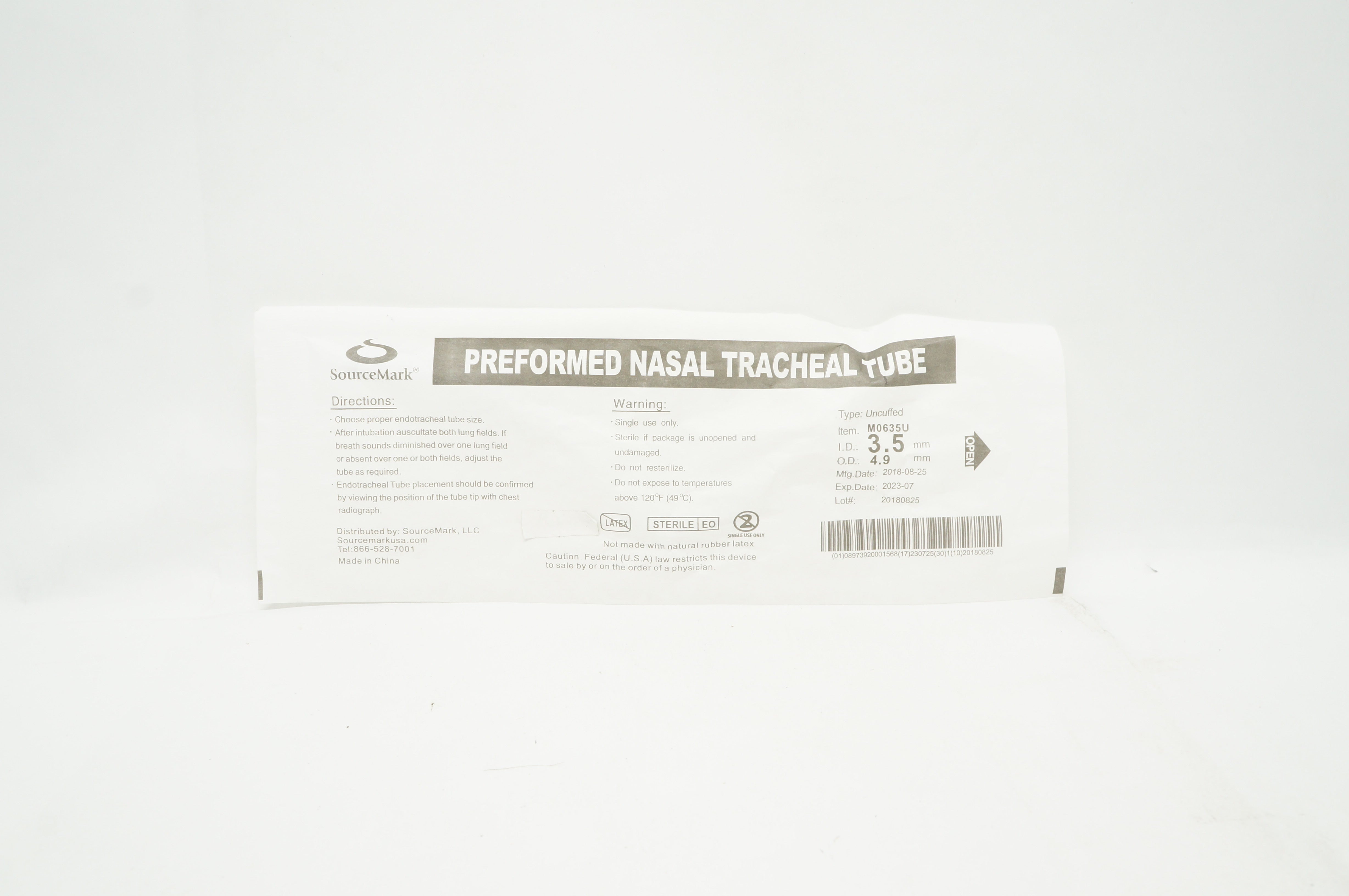 SourceMark M0635U Preformed Nasal Tracheal Tube 3.5mm x 4.9mm