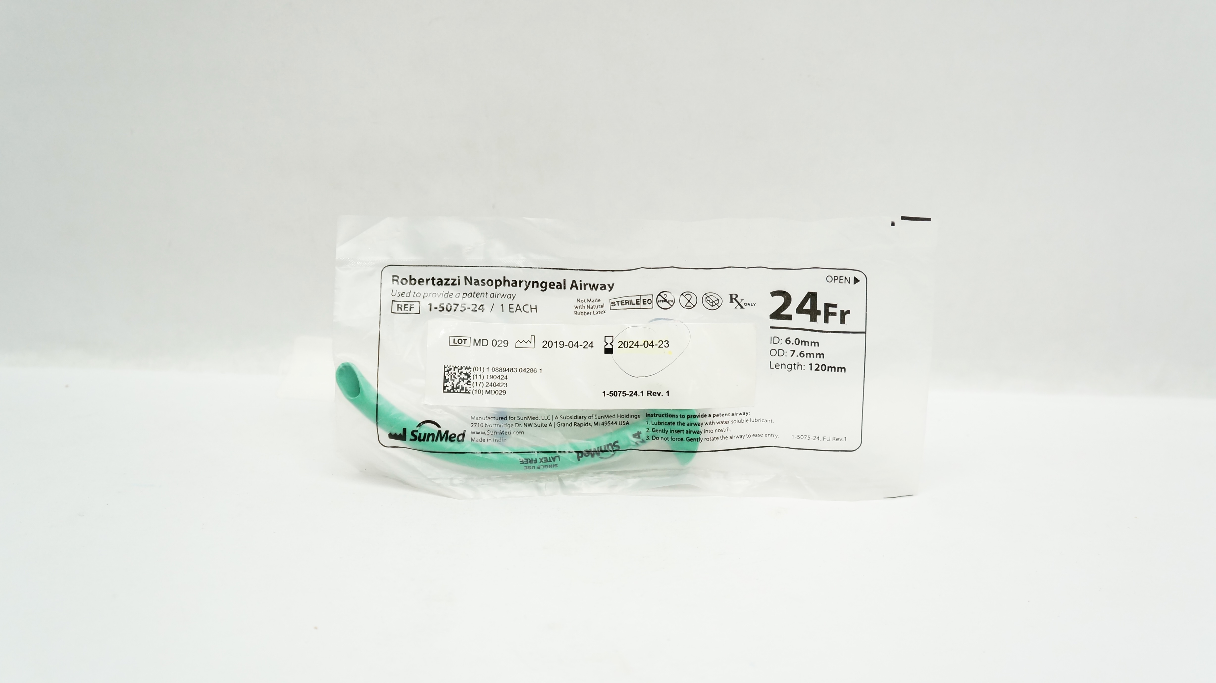 SunMed 1-5075-24 Robertazzi Nasopharyngeal Airway 24Fr 6.0 ID x 7.6 OD x 120mm