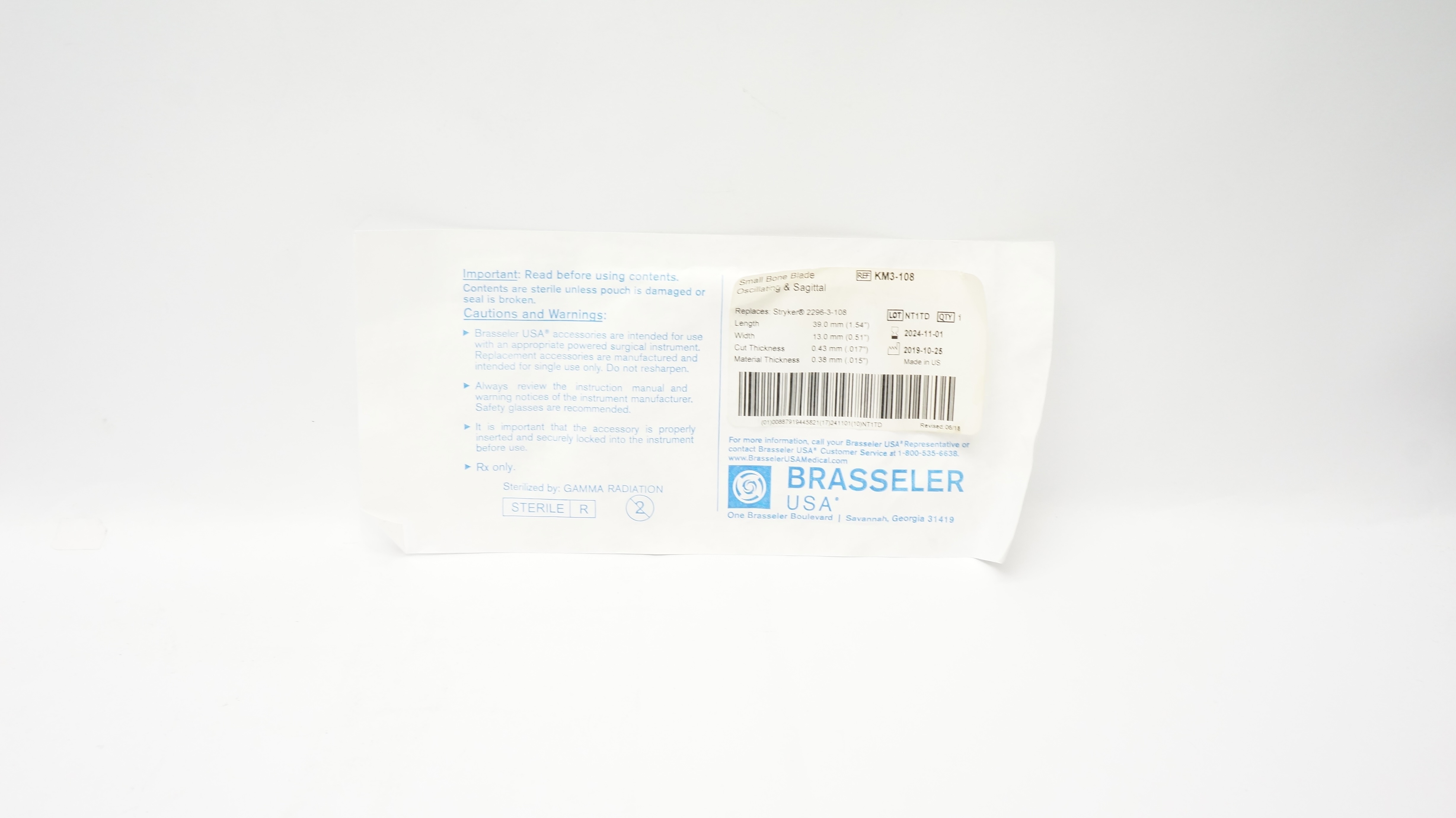Brasseler KM3-108 Small Bone Blade Oscillating & Sagital 1.54 x 0.51 x 0.017inch