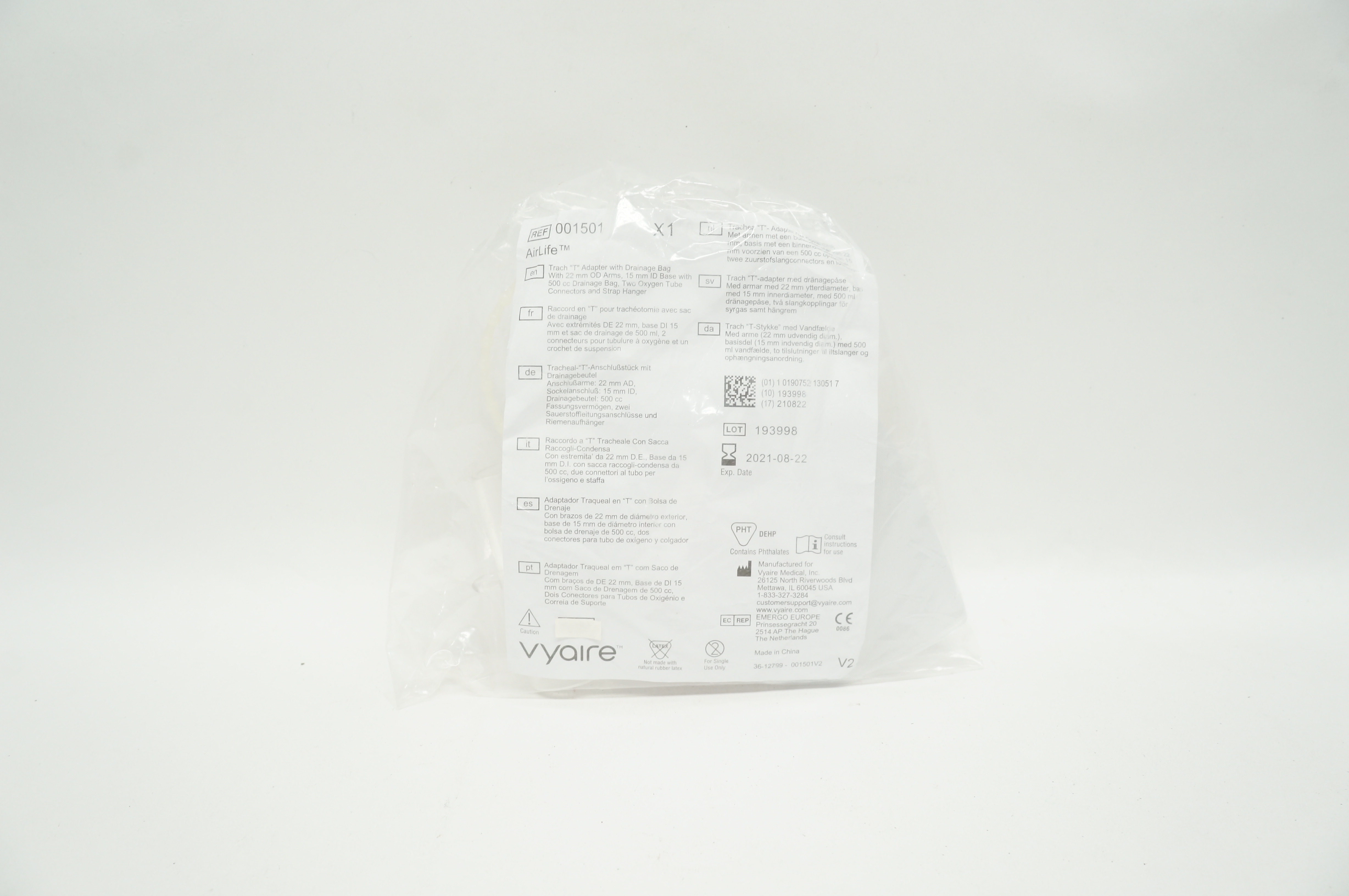 Vyaire 001501 AirLife Trach "T" Adapter with Drainage Bag 500cc