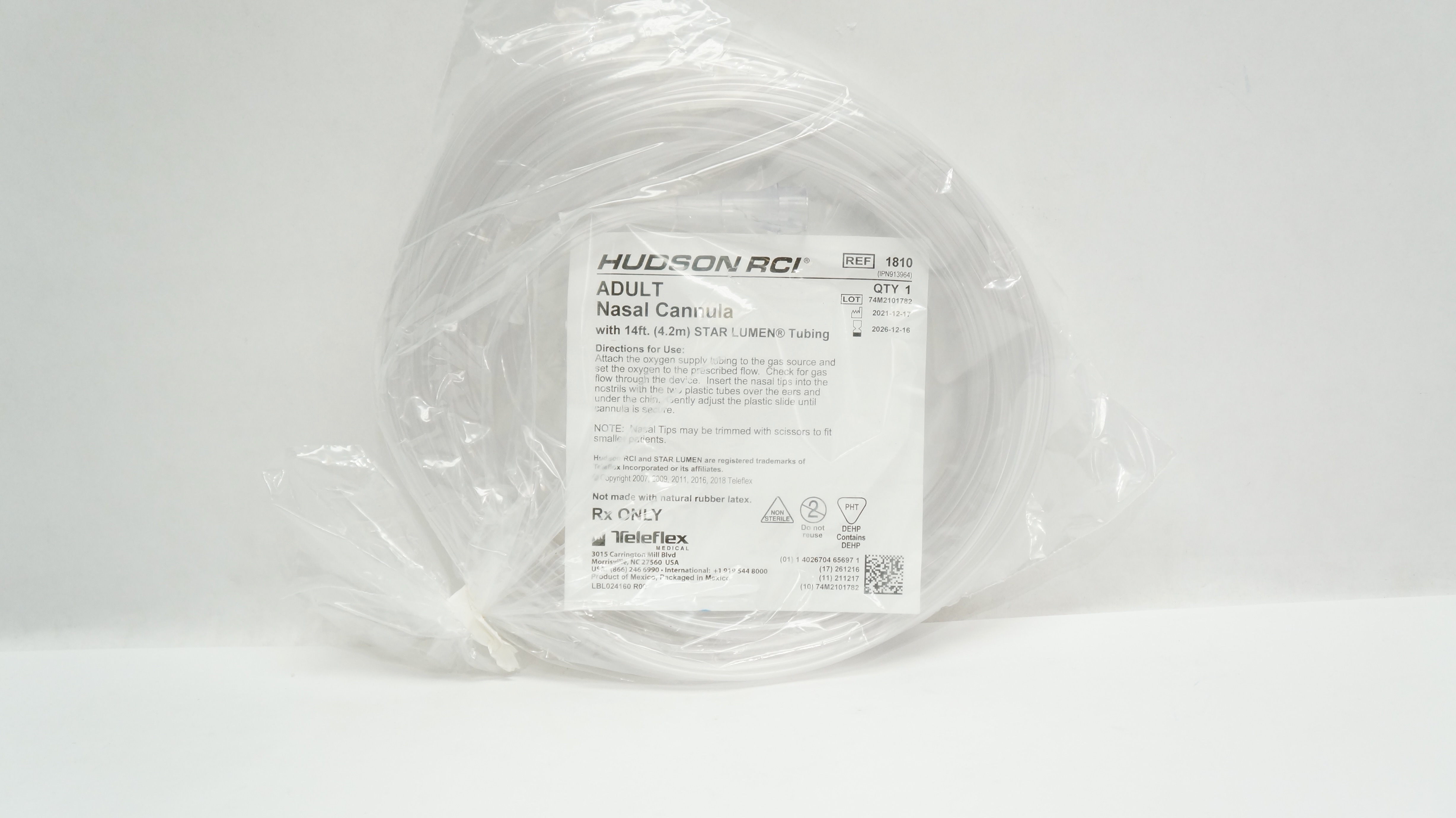 Teleflex 1810 Hudson RCI Adult Nasal Cannula with 14Ft Star Lumen Tubing