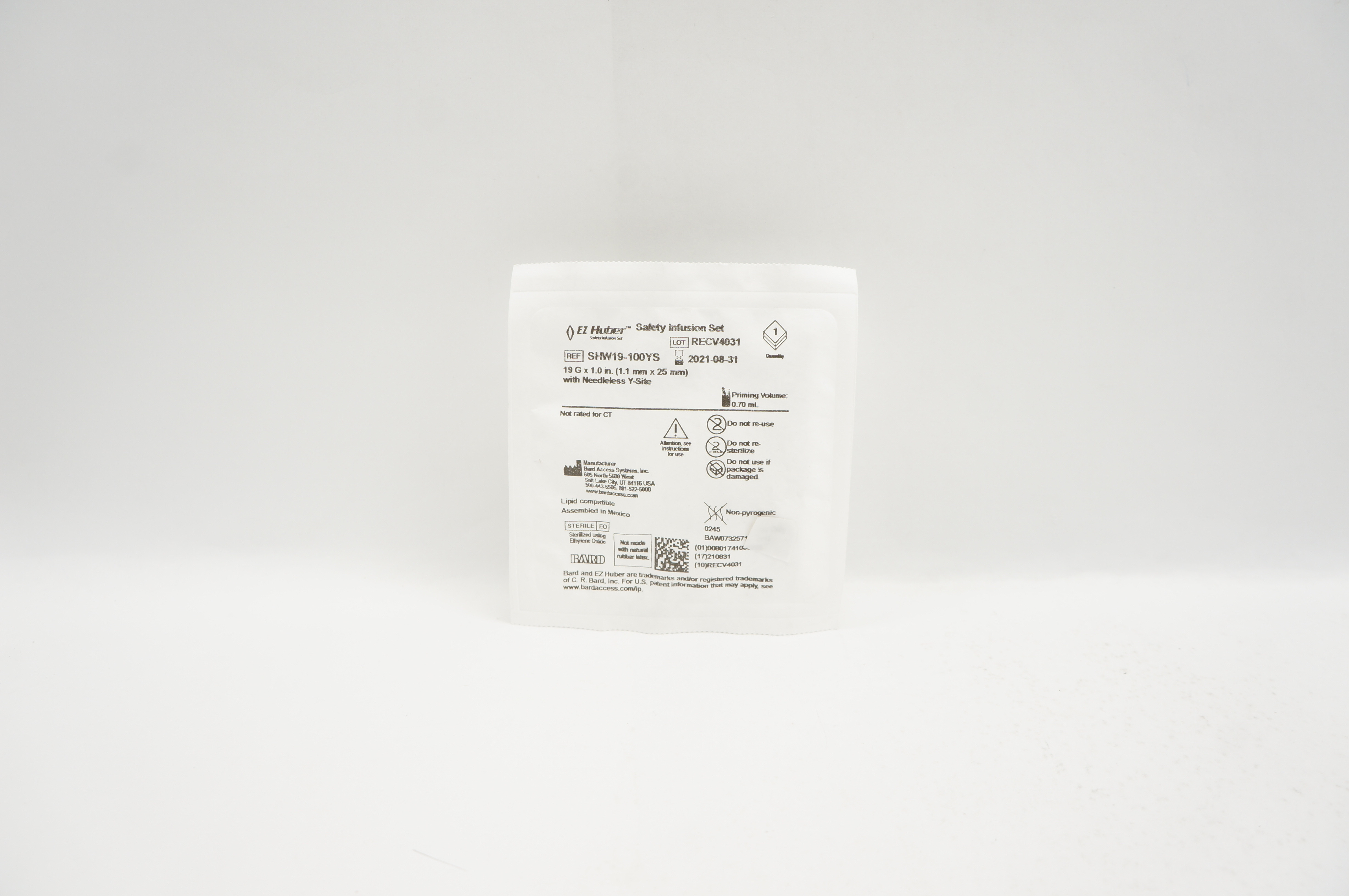 Bard SHW19-100YS EZ Huber Safety Infusion Set 19G x 1.0inch Prim.Vol. 0.70mL (x)